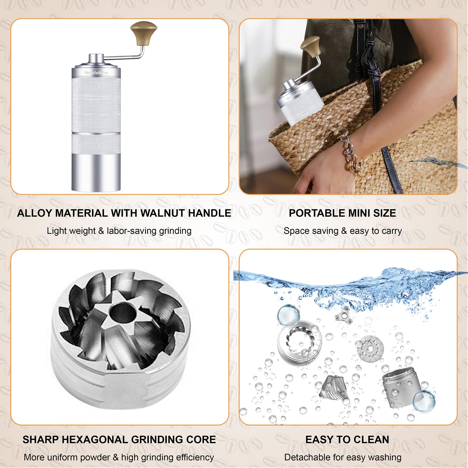 Newlukpro M6 Manual Coffee Grinder,Coffee Burr Grinder With 24 Grinding Settings,Espresso Grinder With Sharp Hexagonal Mill Core