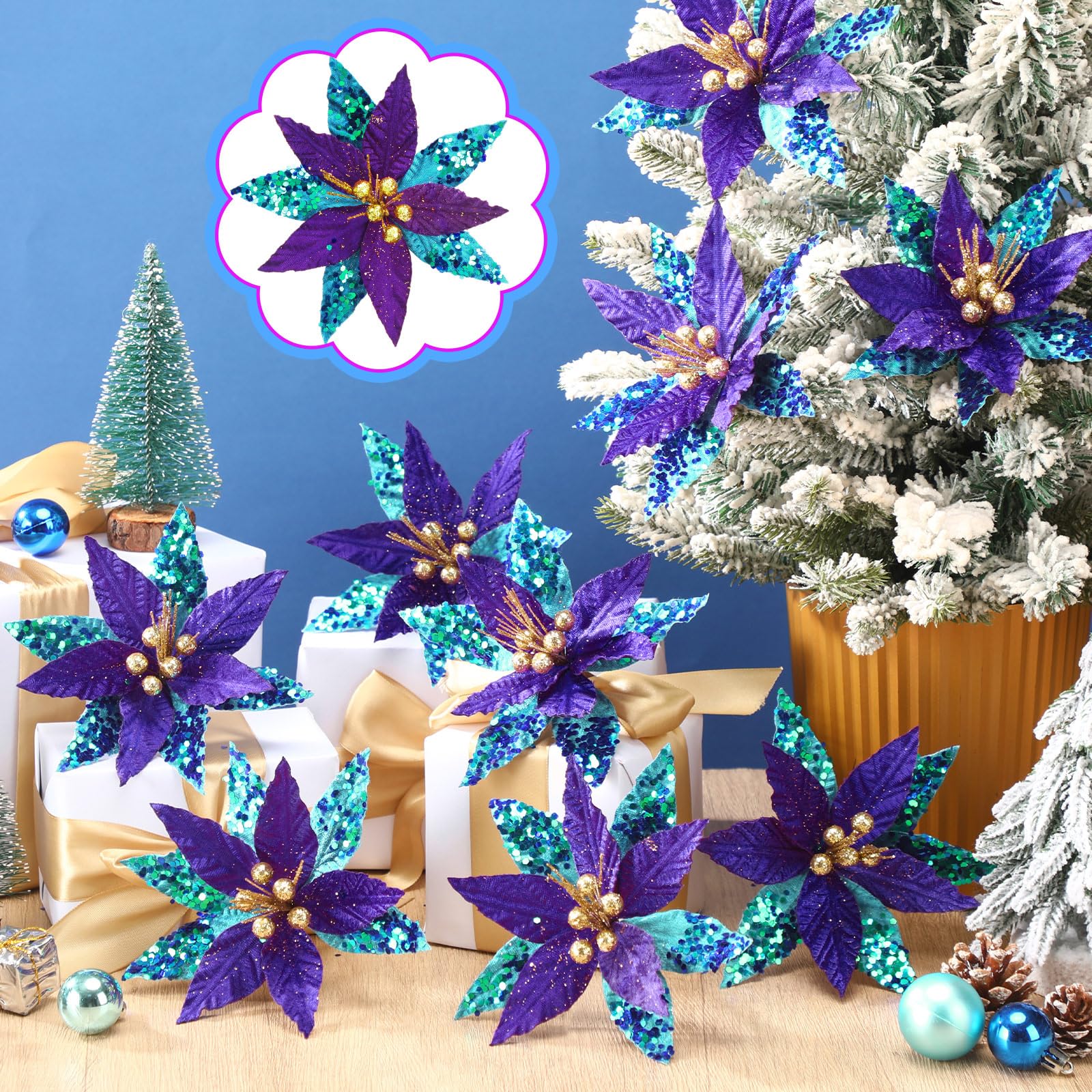 Bucherry 12 Pcs Peacock Christmas Ornaments, 6 Inch Silk Poinsettia Flowers Artificial with Clips, Glitter Purple and Blue Chris