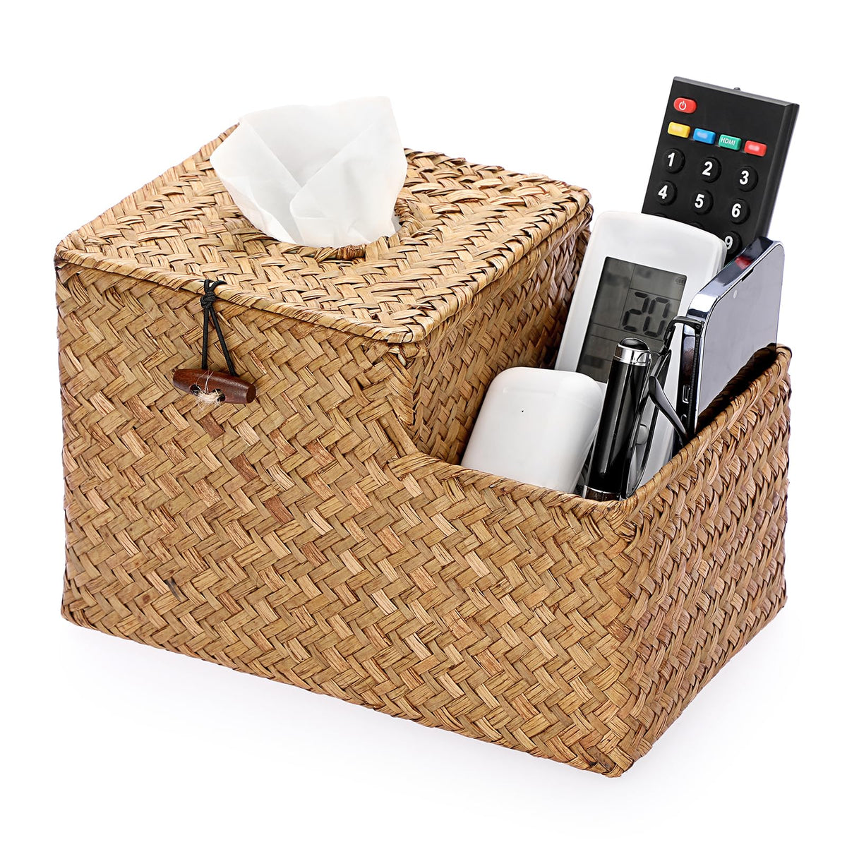 Sumnacon Square Woven Tissue Box Cover - Decorative Cube Tissue Box With Side Organizer, Rustic Seagrass Tissue Holder For Livin