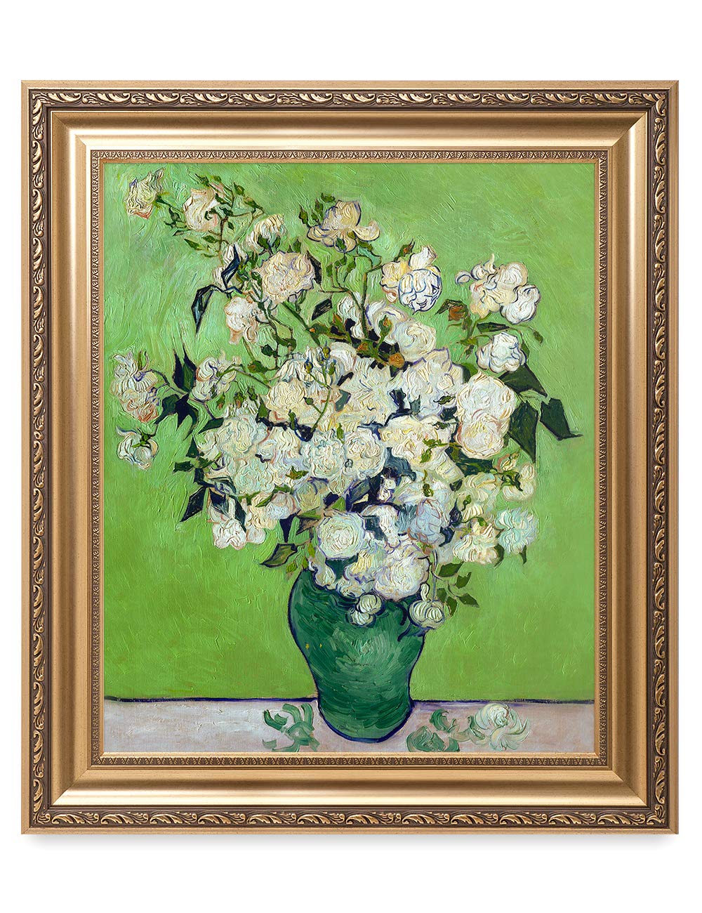 Decorarts - Pink Roses In A Vase - Vincent Van Gogh. Giclee Print On Canvas With Matching Golden-Relief Framed Wall Art. Picture