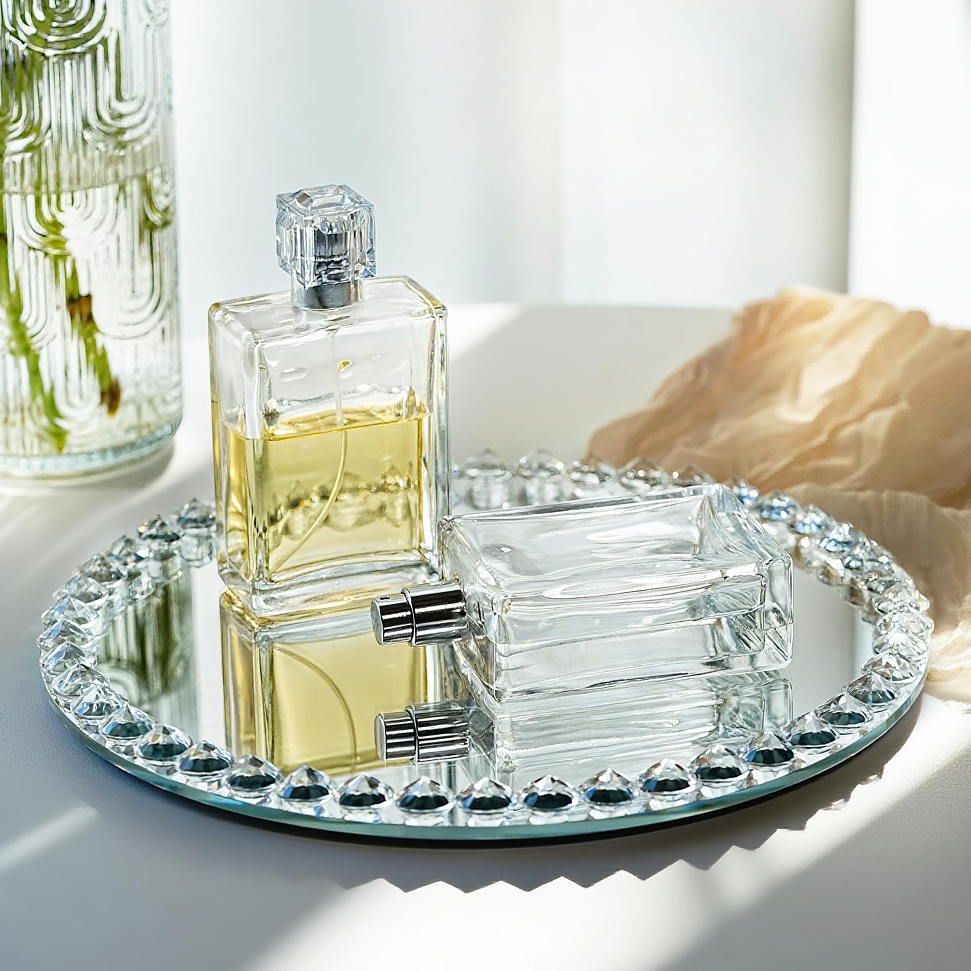 kanpura Crystal Perfume Tray Mirror Glass Makeup Vanity Organizer Jewelry Trinket Display Mirrored Decorative Tray for Bathroom