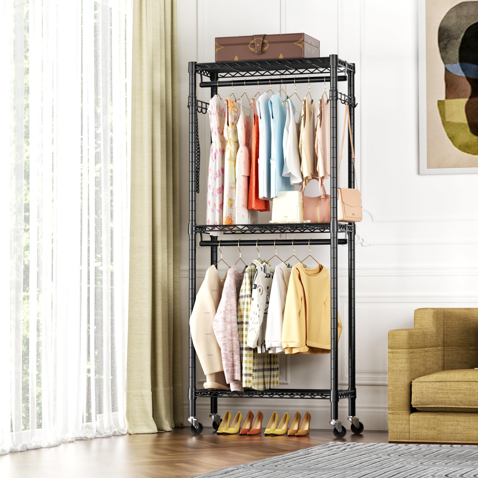 Heavy Duty Clothes Rack Rolling Garment Rack,3 Tier Adjustable Wire Shelving Clothing Racks For Hanging Clothes With Double Rods