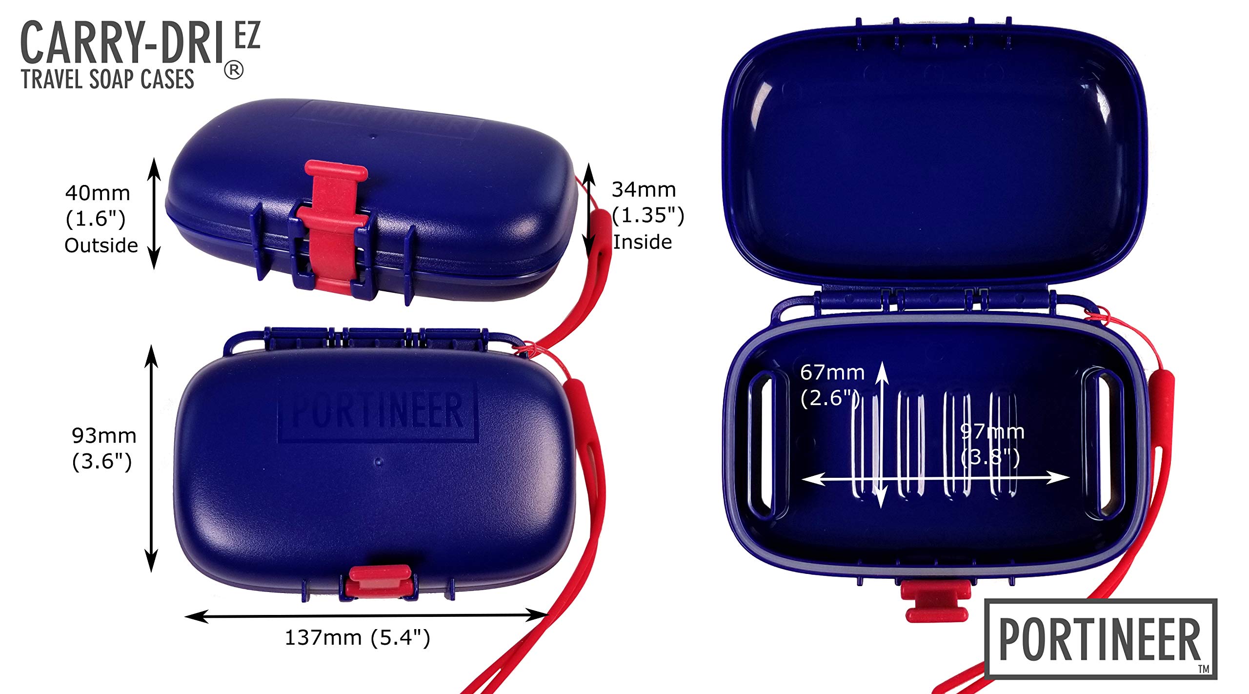 PORTINEER Carry-Dri EZ Travel Soap Container Soap Bar Case Lets Soap Dry with Lanyard  Silicone Closure  Soap Holder Travel  Leakproof Soap Box with Patented Vents  Travel Soap Dish  Blue - Red