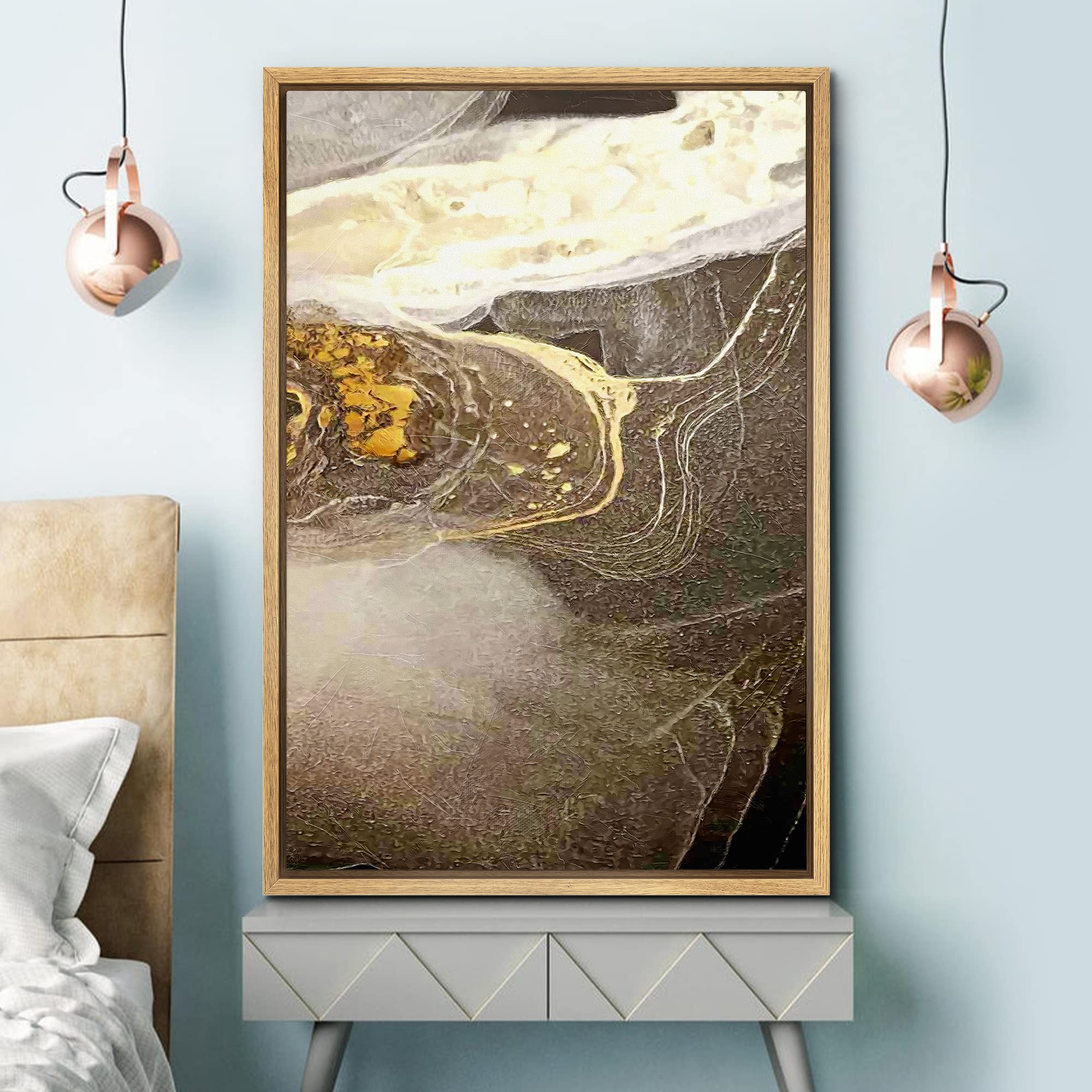 Signford Framed Canvas Print Wall Art Brown Gold Marble Granite Landscape Abstract Shapes Illustrations Modern Art Decorative Bo