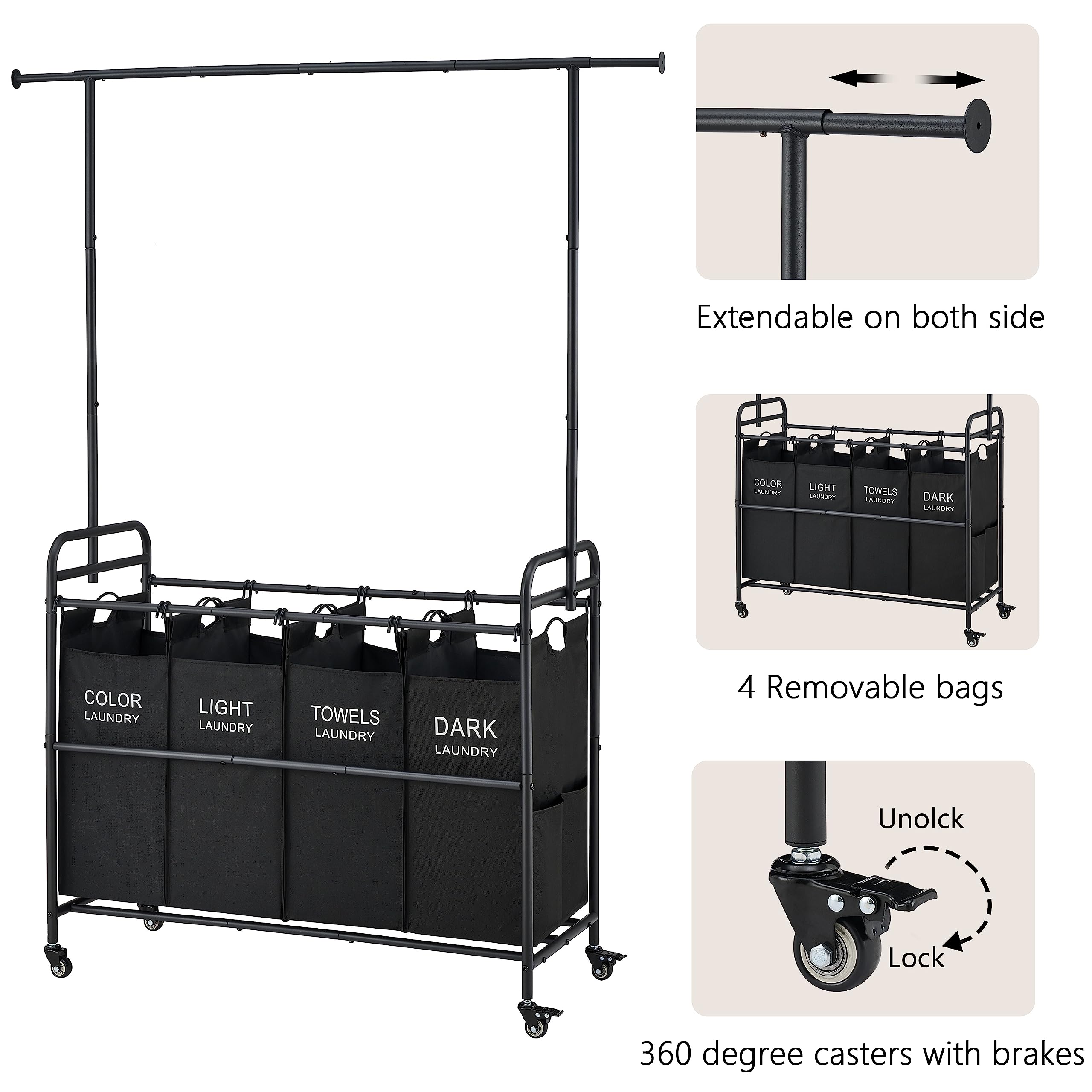 Tajsoon Laundry Sorter Cart With Hanging Clothes Rack, 4 Butler Sorter Basket Organizer, Laundry Hamper Cart With Heavy Duty Rol
