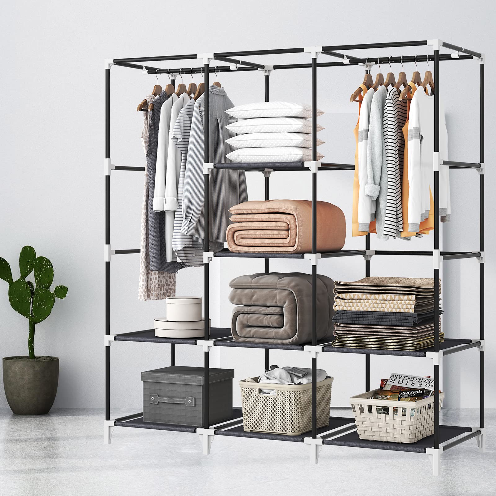 KEKIWE Portable Closet  51 Inch Wardrobe Closet for Hanging Clothes with 2 Hanging Rods  8 Storage Organizer Shelves for Bedroom  Durable and Easy to Assemble  Grey