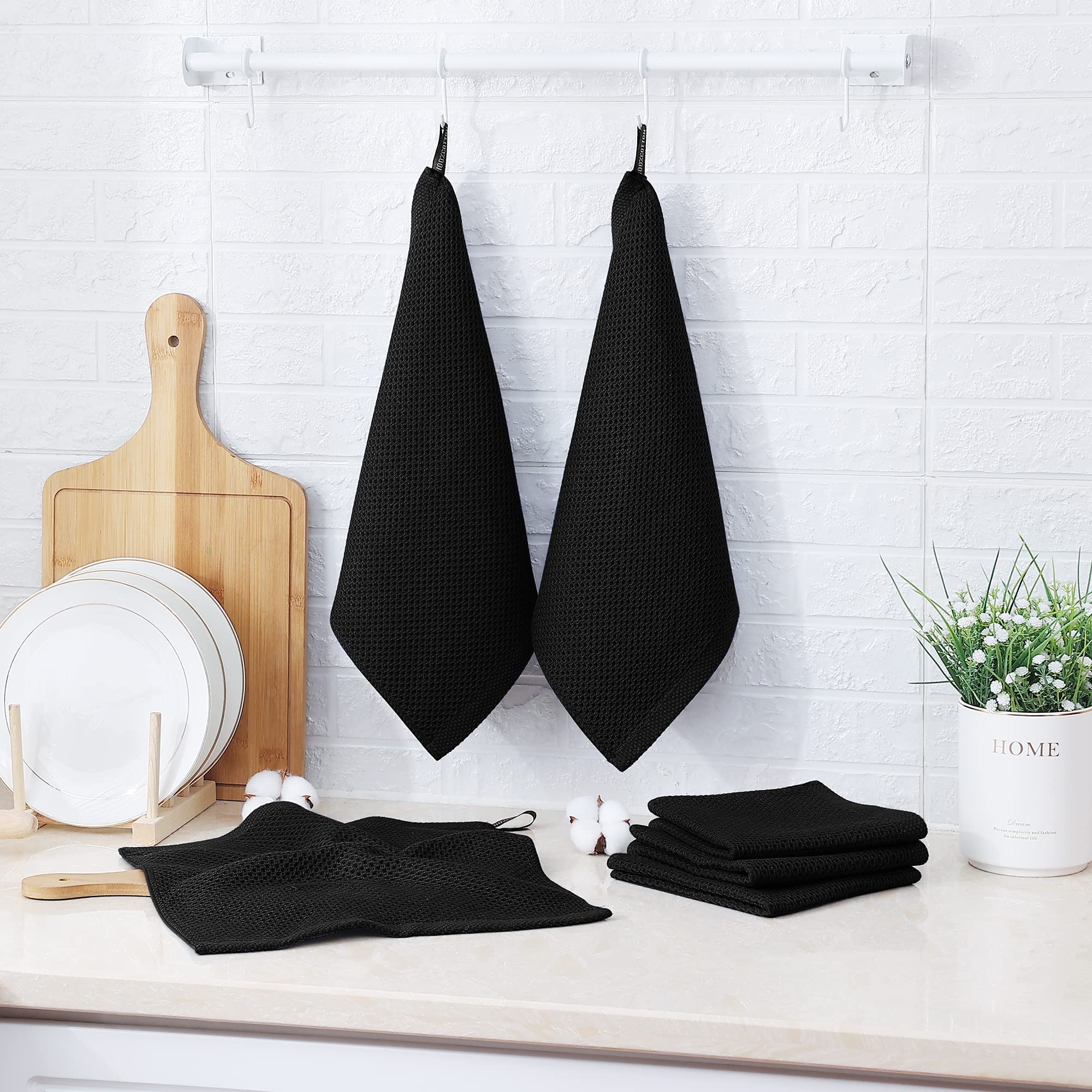 Kitinjoy 100% Cotton Kitchen Dish Cloths  8 Pack Waffle Weave Ultra Soft Absorbent Dish Towels for Drying Dishes Quick Drying Kitchen Towels Dish Rags  12 X 12Inch  Black
