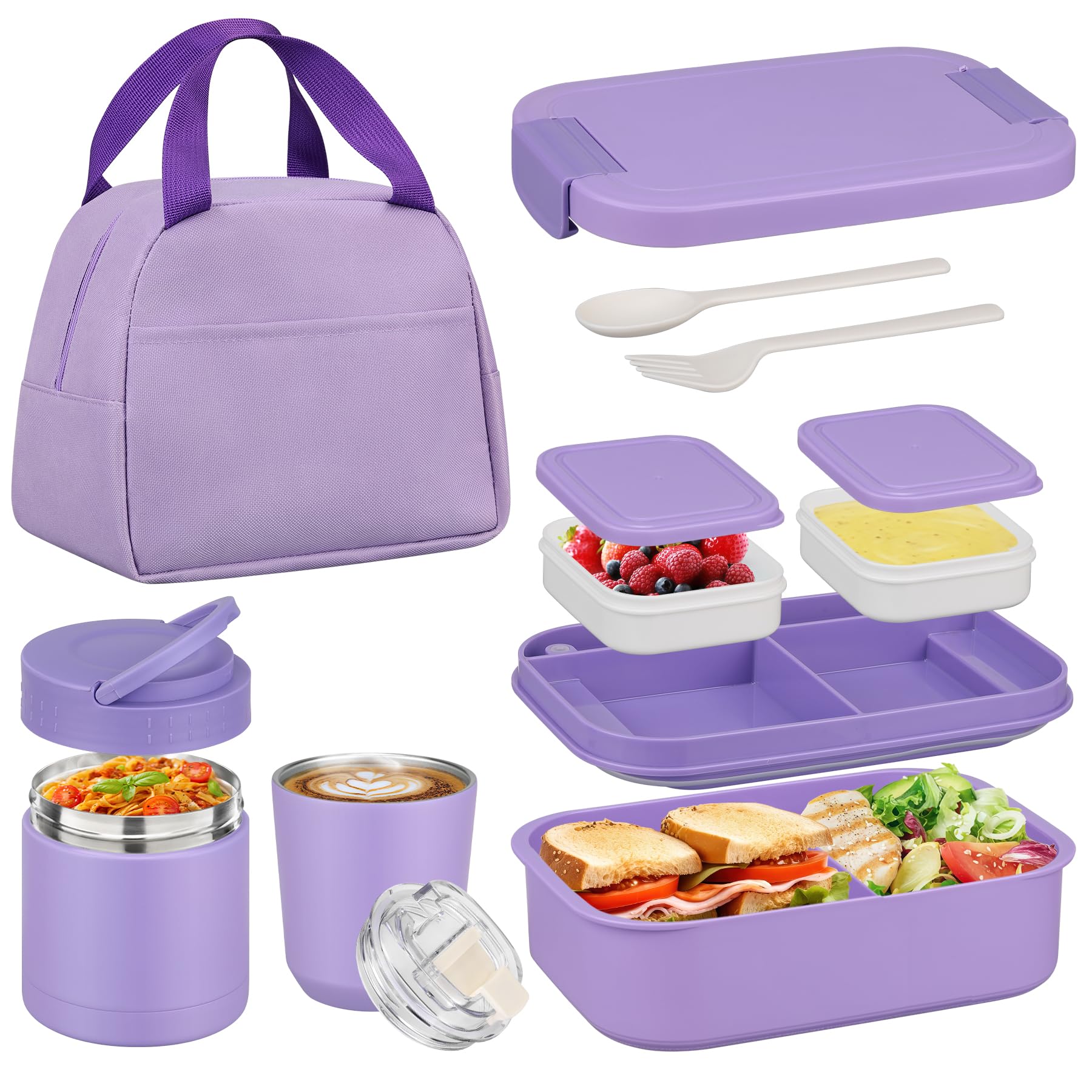 Bento Lunch Box Set with 10.5oz Soup Thermo Food Jar for Adults Kids, Stainless Steel Leakproof Lunch Container with 4 Compartm