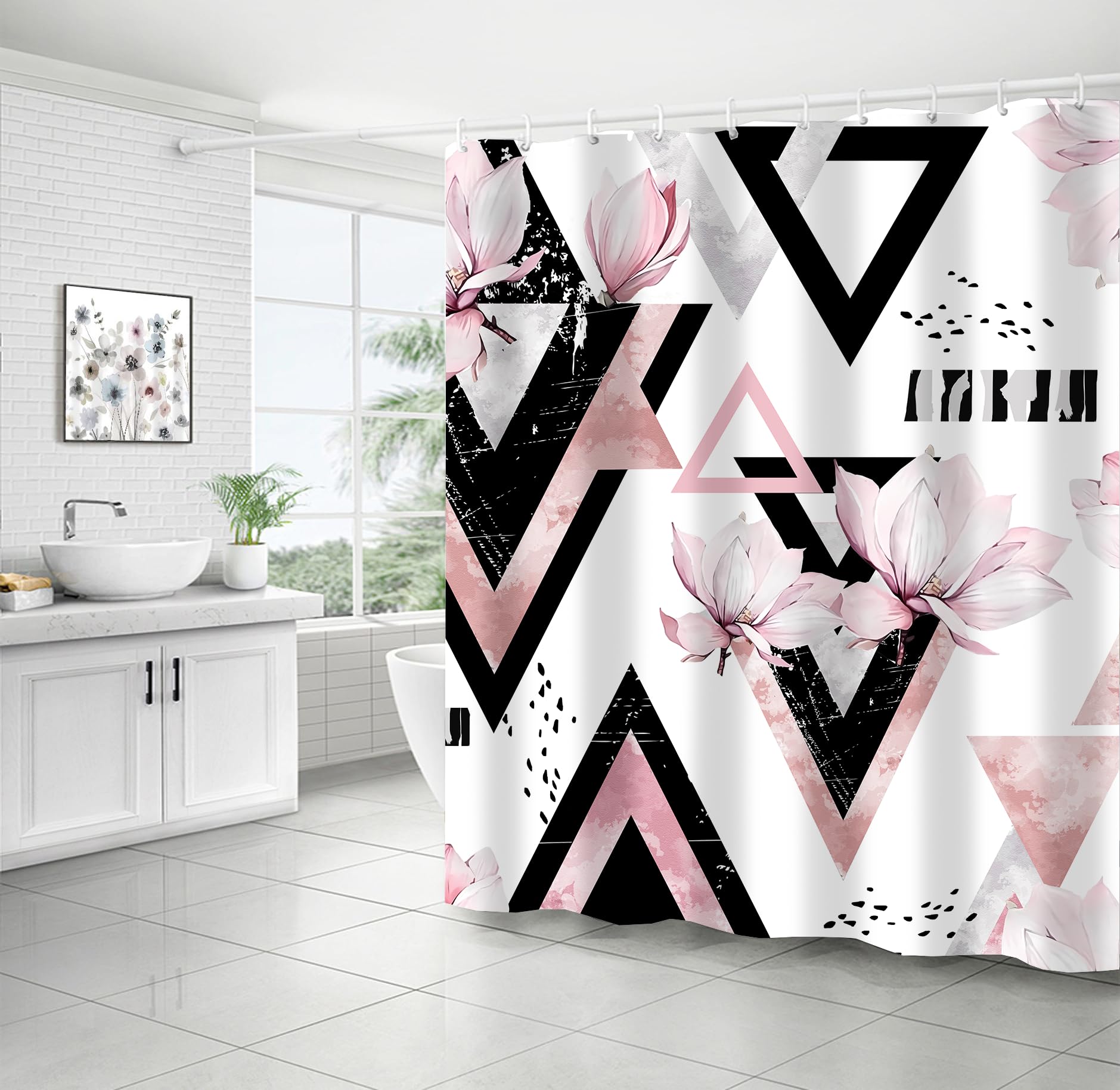 Xswpl Shower Curtain Set With Rugs 4Pcs Pink Bathroom Sets With Shower Curtain And Rugs Modern Geometric Bathroom Sets Waterproo