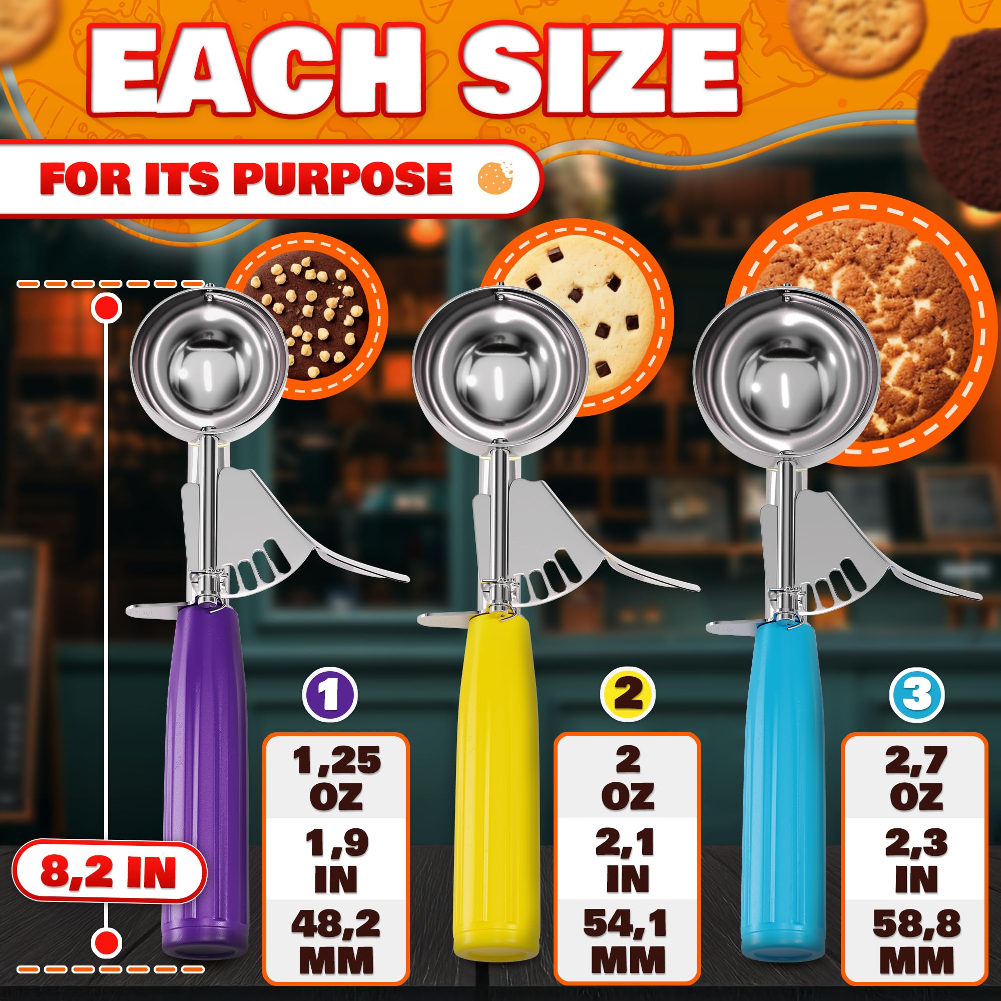 Cookie Scoop Set of 3 - Ice Cream Scoop with Trigger - Thanksgiving Cookie Scoops for Baking Set of 3, #16 (2.7 oz), #20 (2 oz),