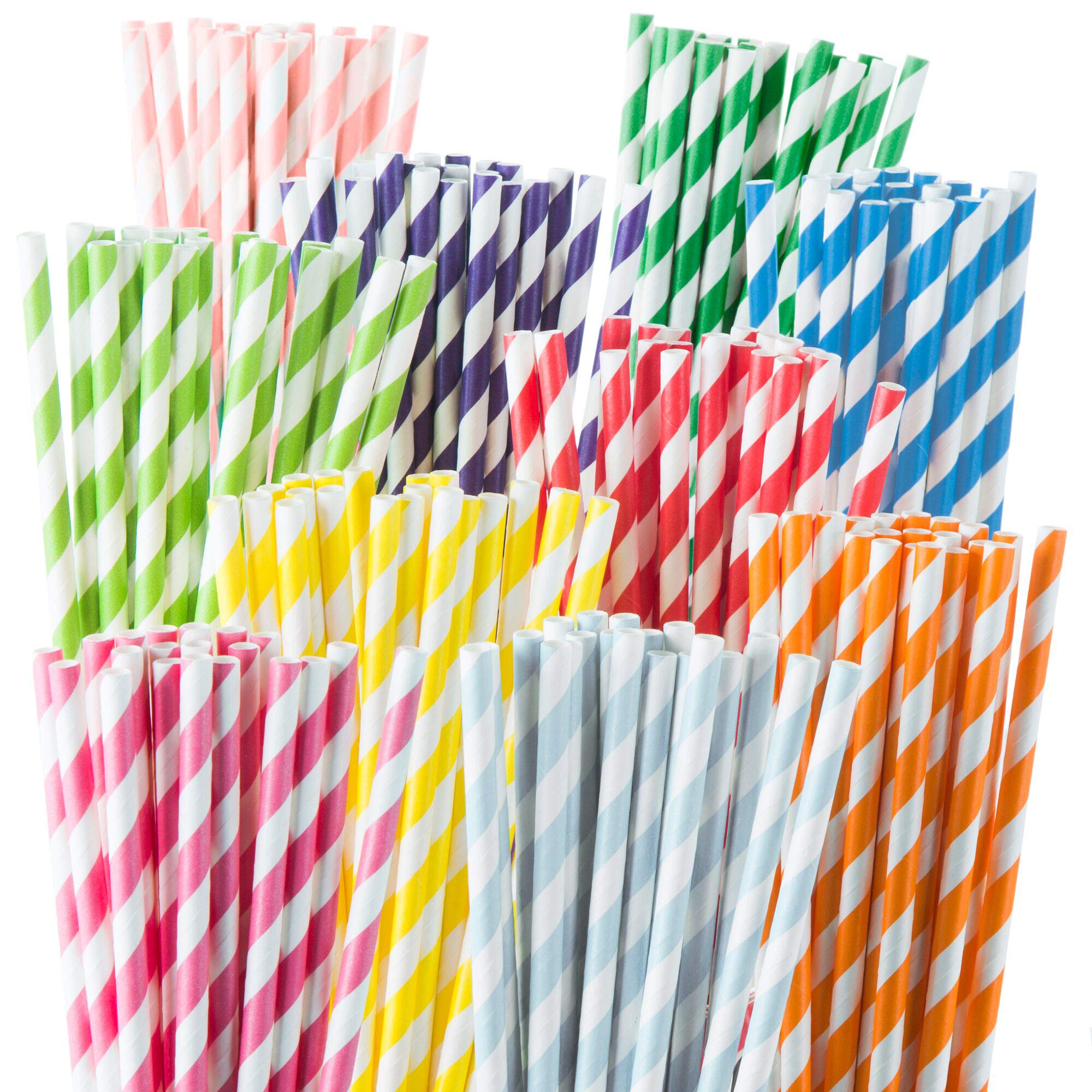 Weemium Paper Straws Disposable 200 Pack - Striped Straws In 10 Colors - Biodegradable, Durable And Eco Friendly - Non-Soggy Pap