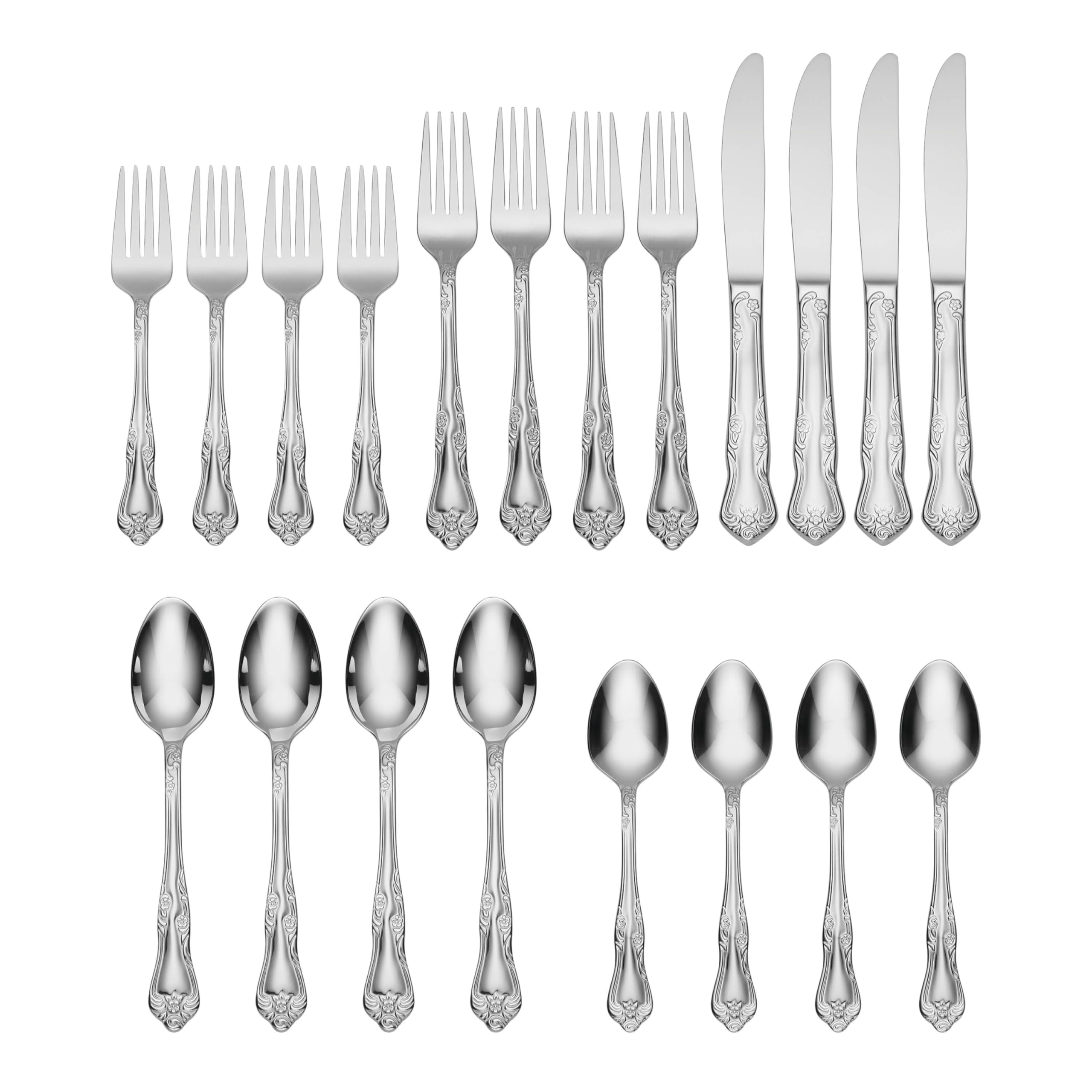 Oneida Azalea 20 Piece Everyday Flatware, Service For 4, 18/0 Stainless Steel, Silverware Set, Dishwasher Safe, Silver