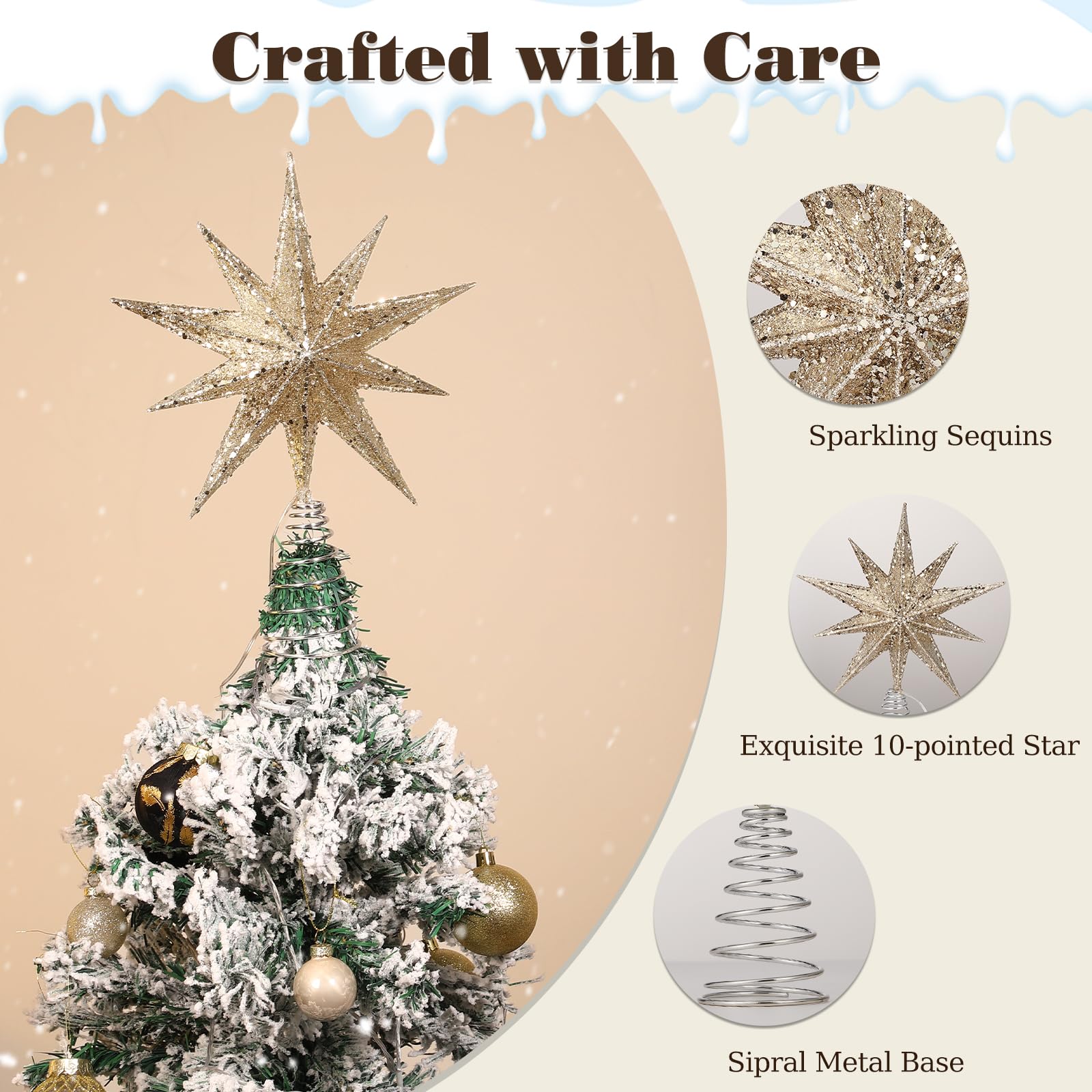 Lewondr Christmas Tree Topper Star, 13inch Xmas Tree Topper with LED Light Beads, Remote & USB Operated 10-Point Star Treetop fo