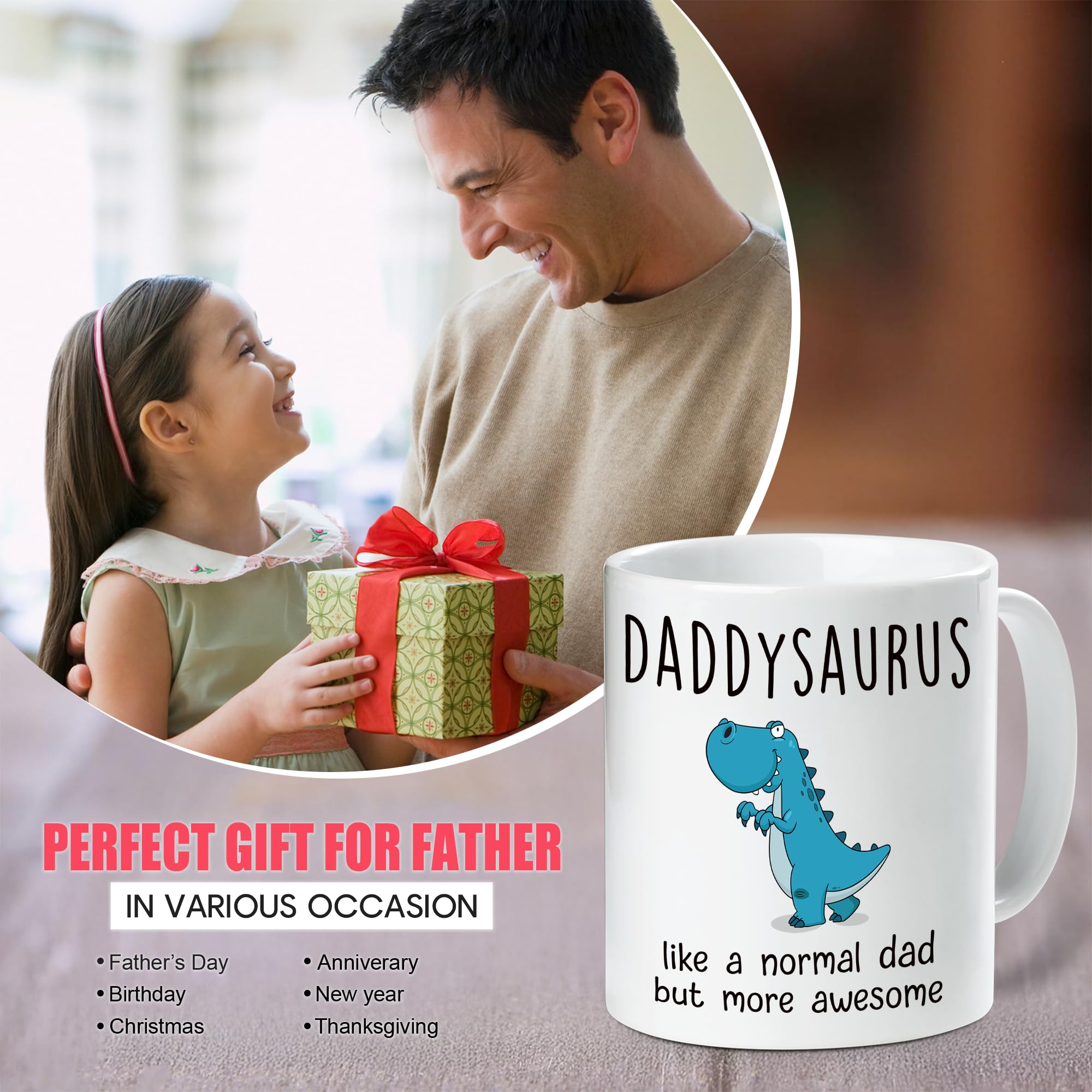 Gossby DADDYSAURUS Coffee Mug for Dad - Funny Gifts for Dad from Daughter, Son, Kid - 11oz T-rex Daddy Mug - Fathers Day, Christ