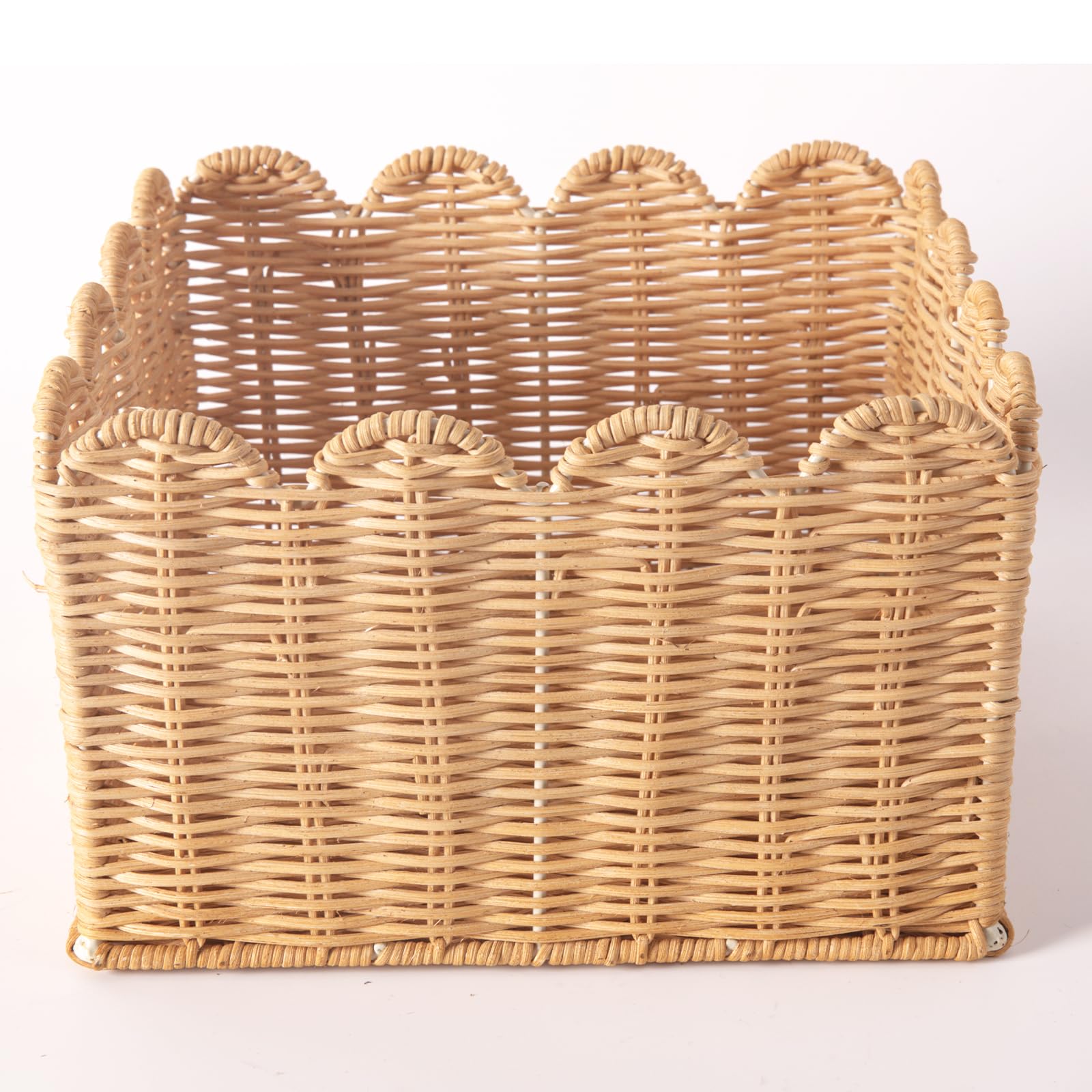Scalloped Edge Basket, Wicker Storage Baskets, Hand Woven Baskets For Shelves,Natural Baskets For Organizing (S+M-Rattan)