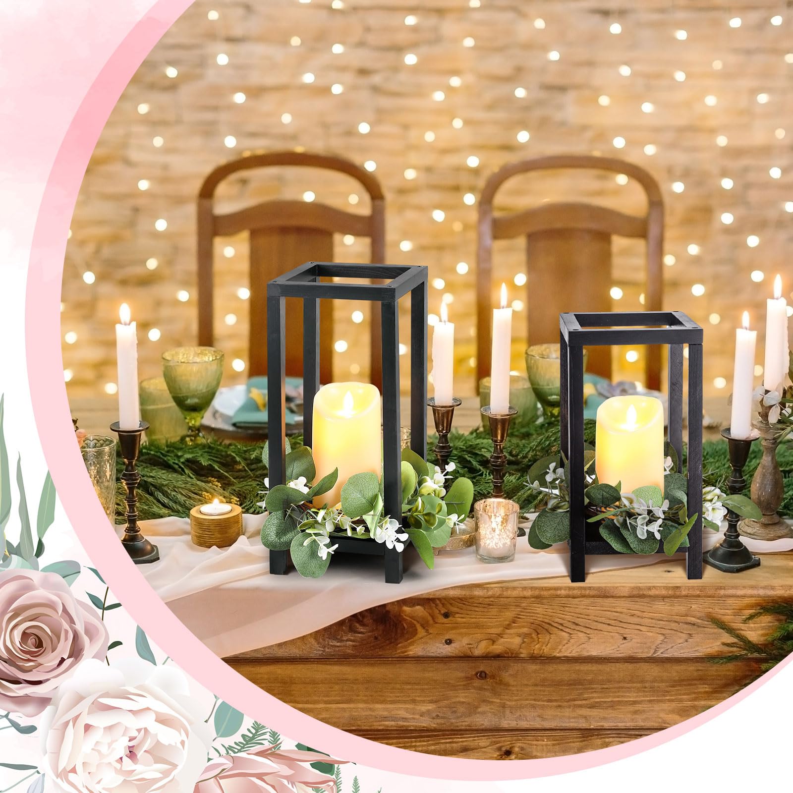 Geelin 12 Set 10.59  , 13   Black Wooden Lanterns for Wedding Centerpieces Include 12 Wooden Lantern 12 LED Candle 12 Eucalyptus