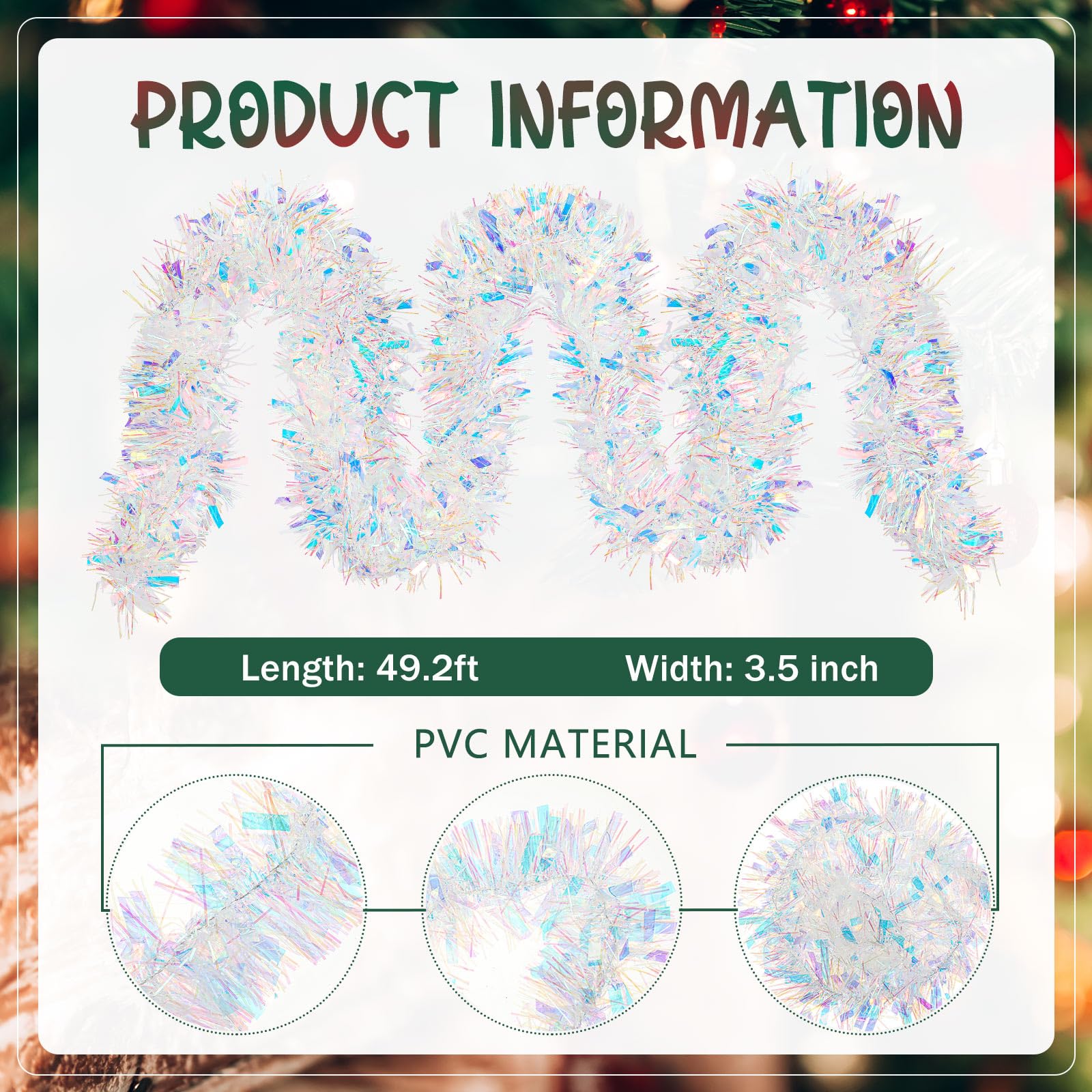 Yuxung 49.2 ft Christmas Tinsel Garland Iridescent White Metallic Garland Light Glittering Decoration for Valentine Birthday Wed