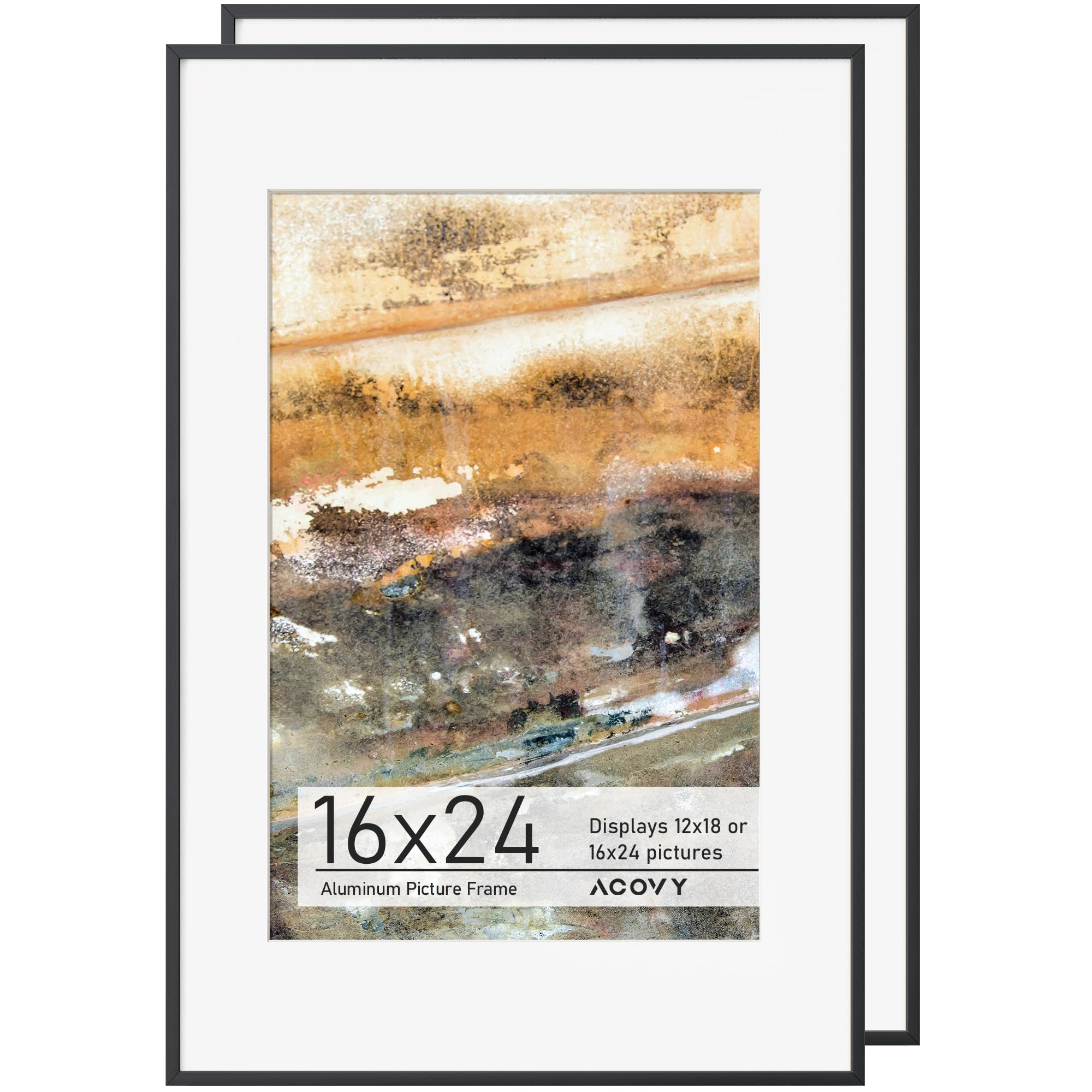 Acovy 16x24 Picture Frame, Aluminum 16x24 Frame Matted to 12x18, 16 x 24 Poster Frame with HD Tempered Glass, Metal Frame for Wa