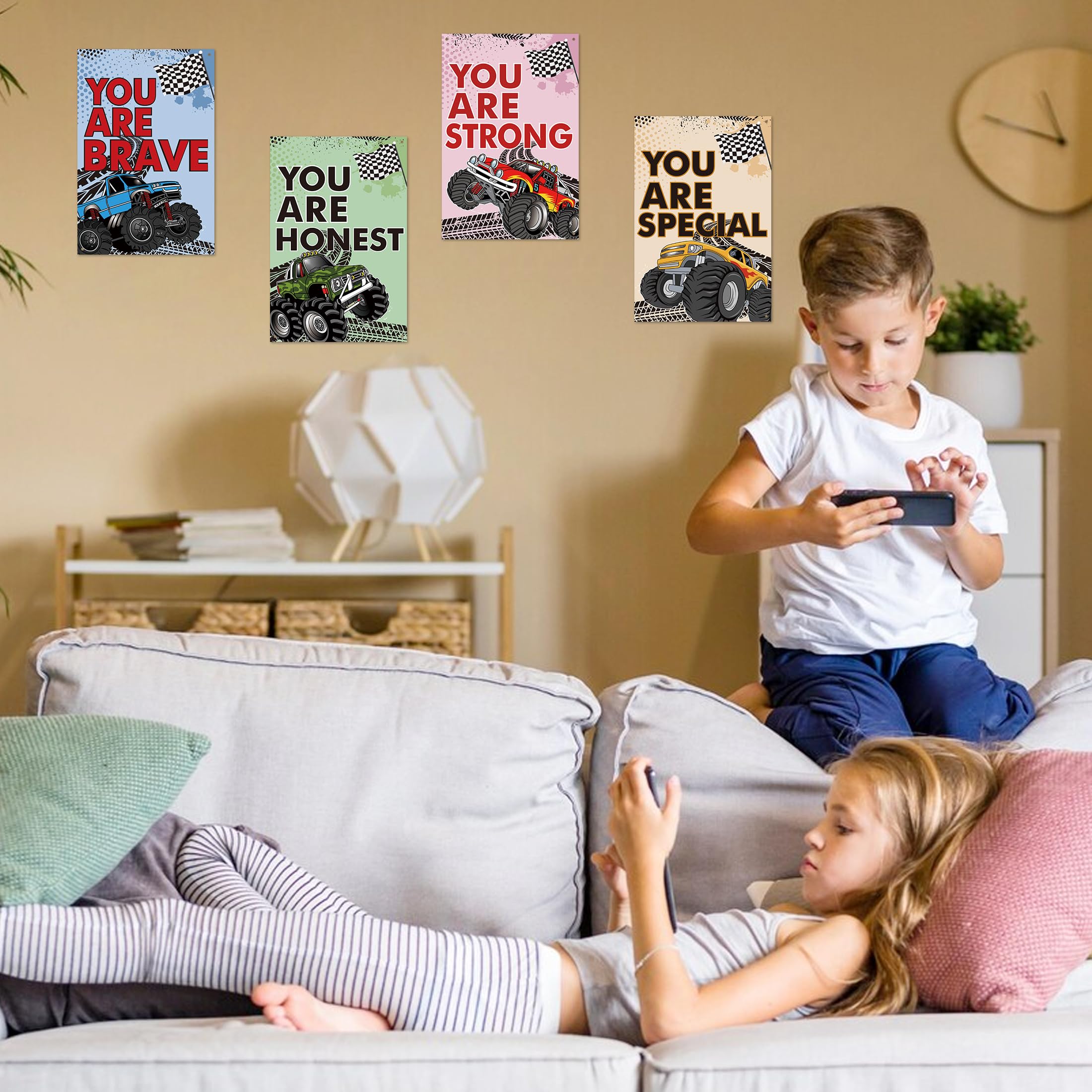 4 Pcs Monster Trucks Bedroom Wall Decor for Boys, Inspirational Construction Trucks Sign Decoration for Kids, Motivational Vinyl