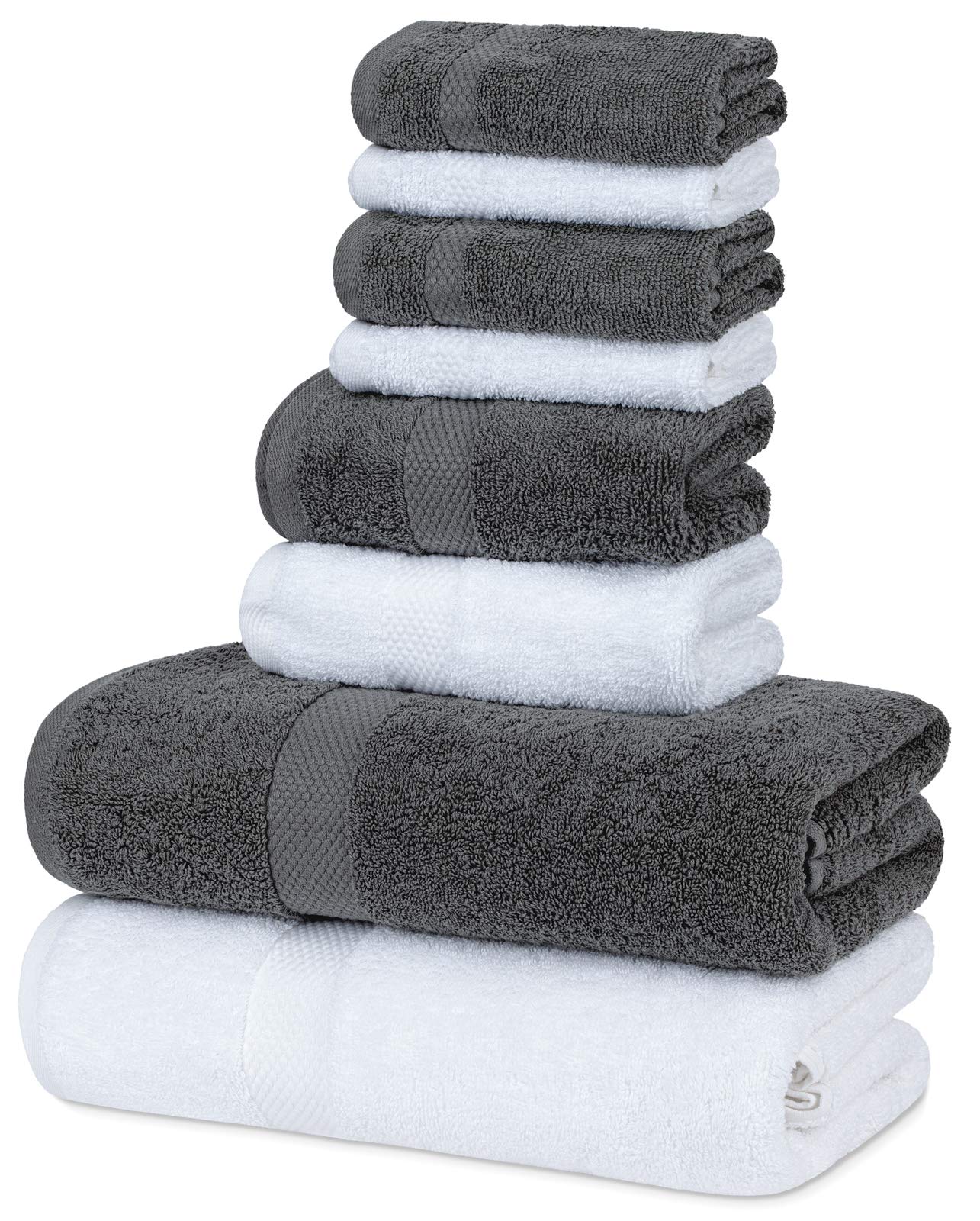 White Classic Luxury Grey White Bath Towel Set - Combed Cotton Hotel Quality Absorbent 8 Piece Towels | 2 Bath Towels | 2 Hand T