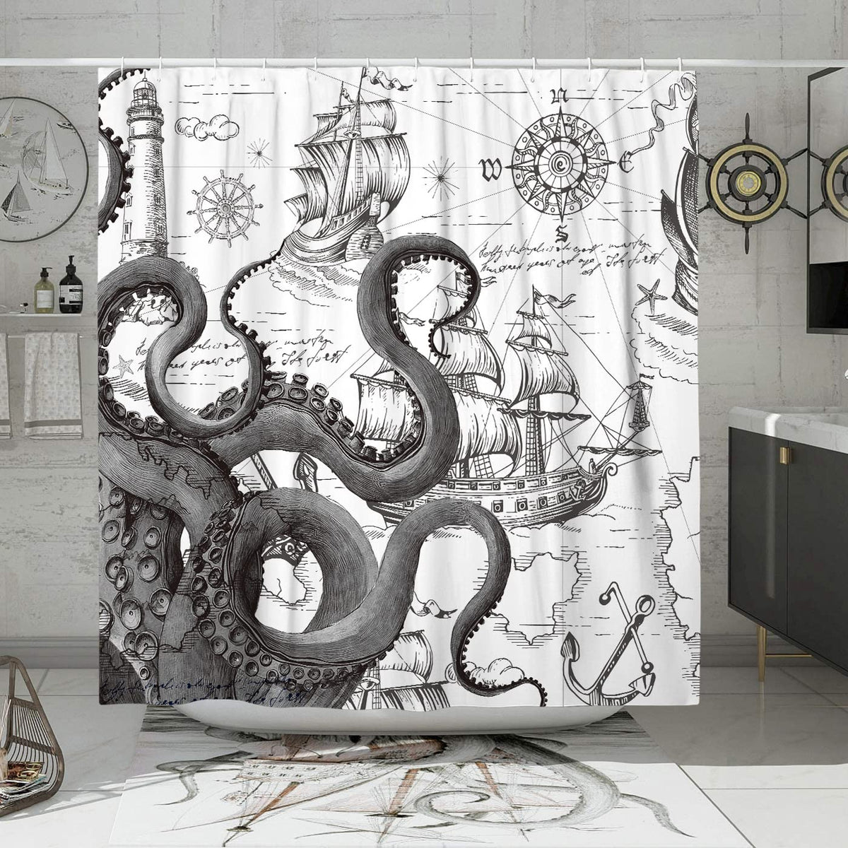 Desihom Gray Nautical Octopus Shower Curtain Set, Funny Ocean Kraken Shower Curtains For Bathroom, Beach Coastal Pirate Map Deco