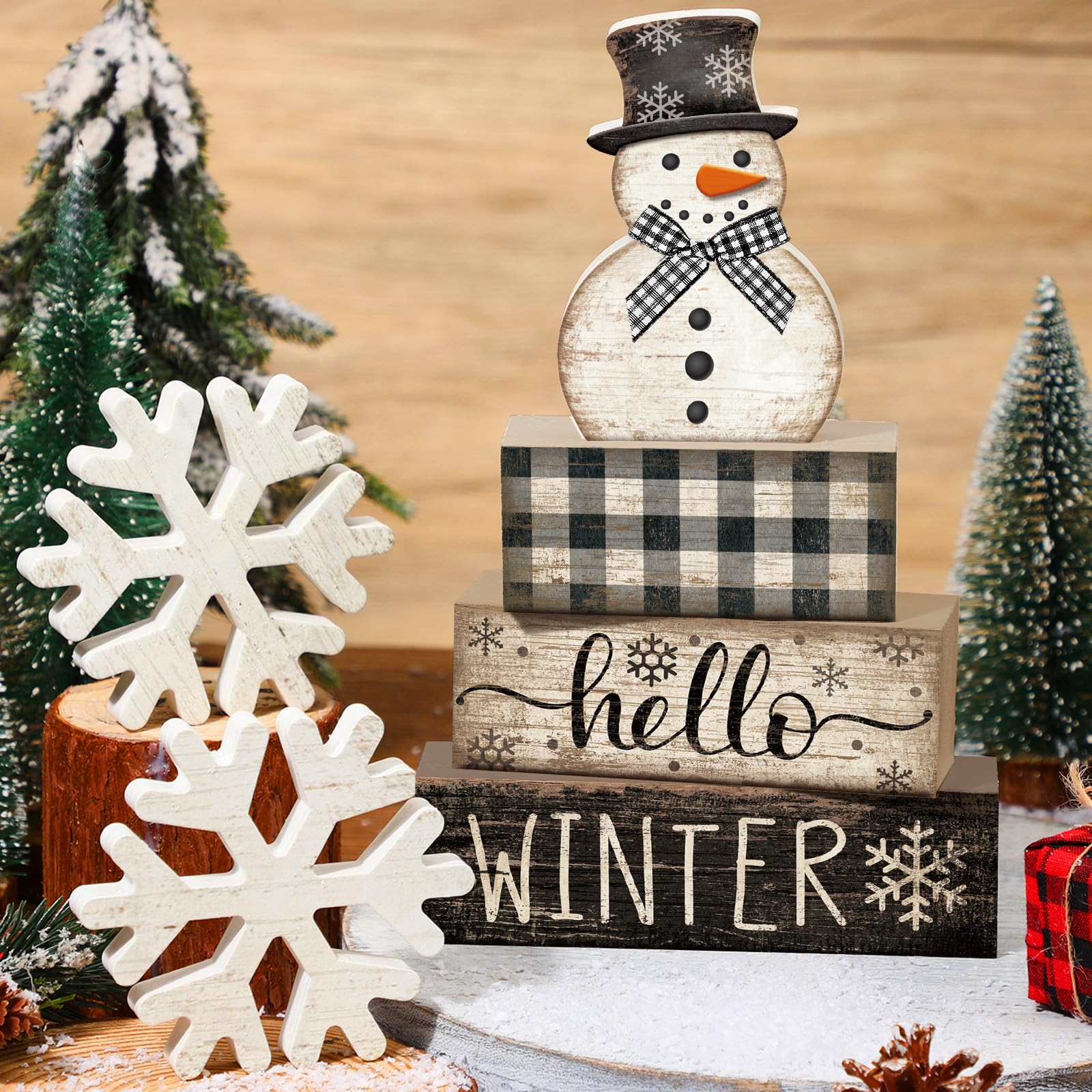 Colingmill 6 Pcs Snowman Christmas Decor Winter Table Decorations Winter Tiered Tray Decor Wooden Snowman Snowflake Signs Christ