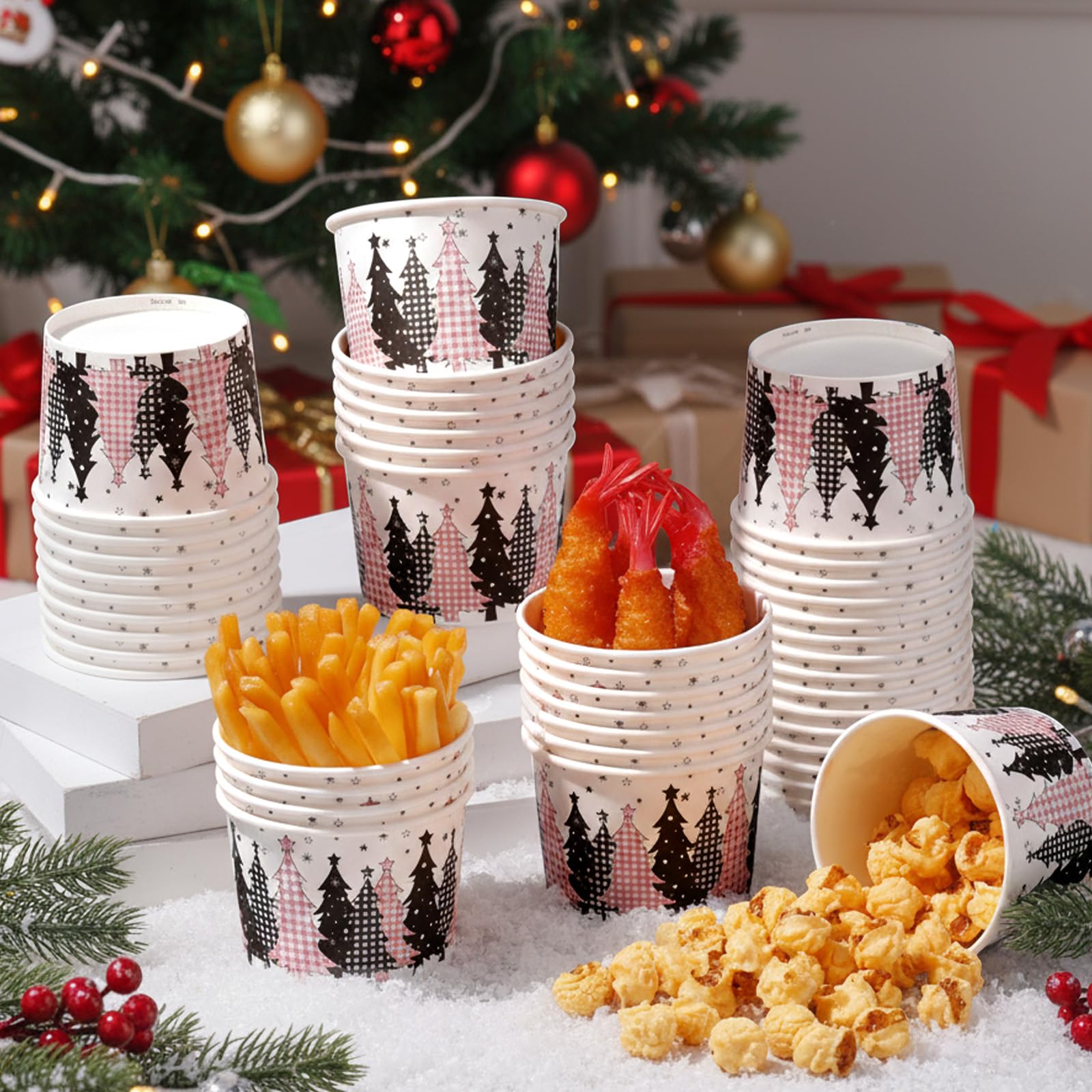 Funnymoom 50 Pack Christmas Tree Treat Snack Cups Pink Gingham Buffalo Plaid Paper Ice Cream Cups 9 oz Xmas Tree Disposable Dess