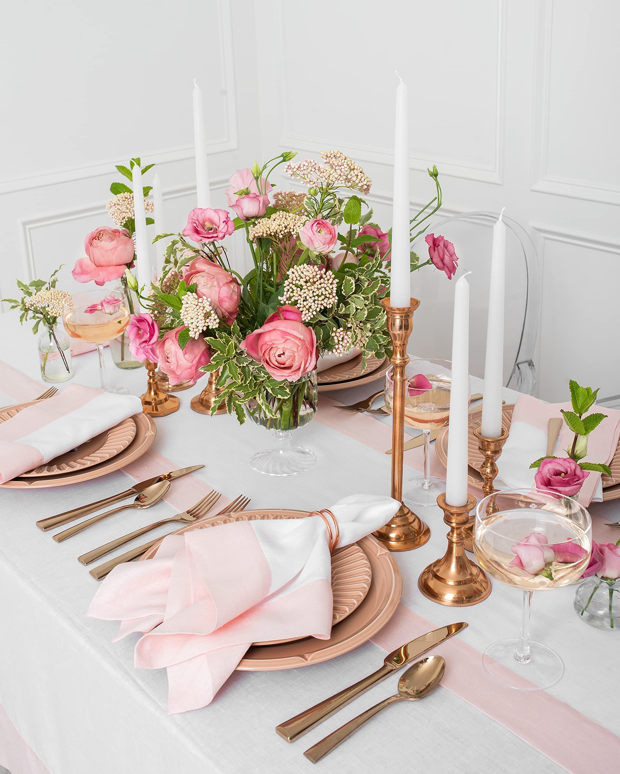 Solino Home Linen Table Runner 108 Inches Long - Contempo, 100% Pure Linen Blush Pink And White Table Runner 14 X 108 Inch Ideal