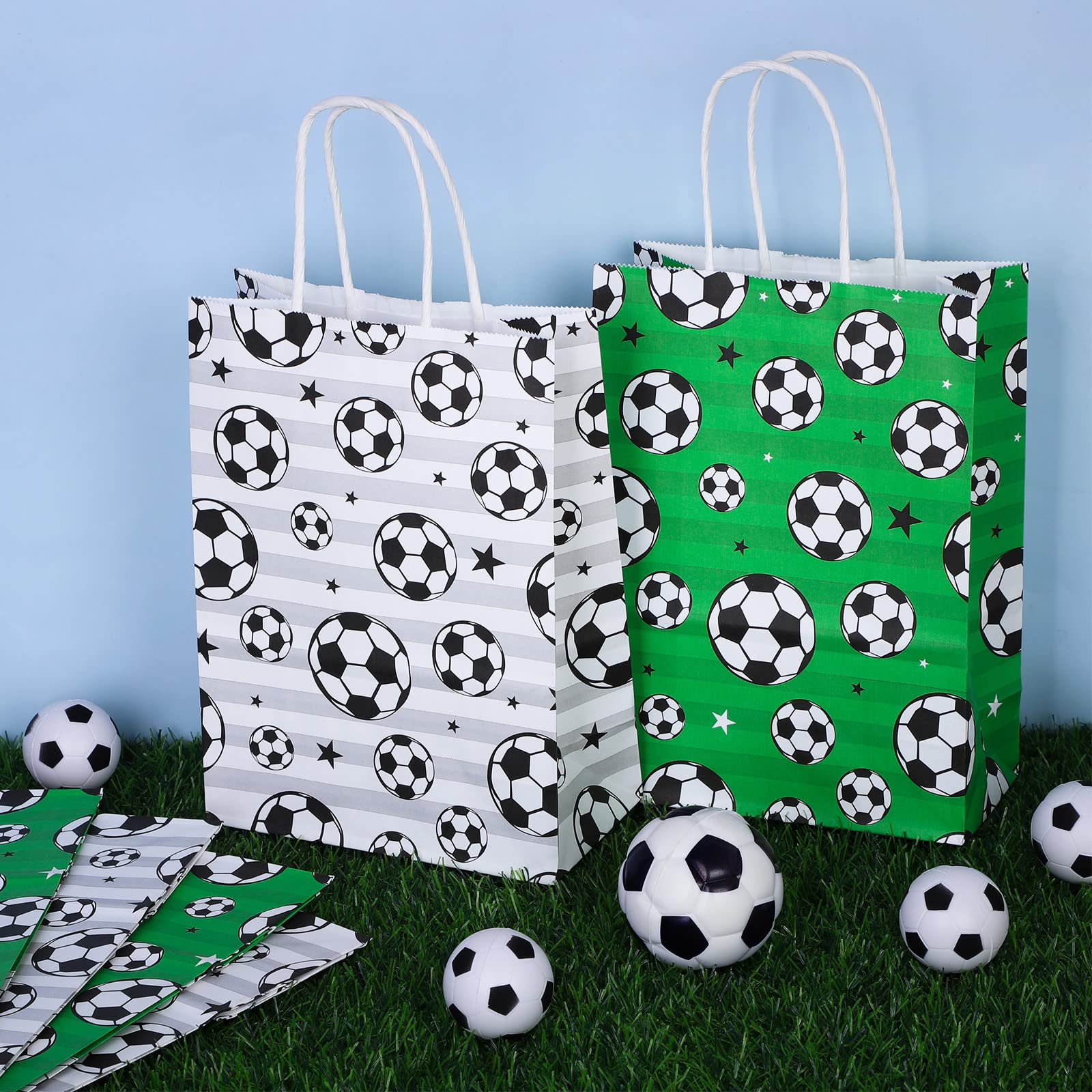 Durony 16 Pieces Soccer Gift Bag Soccer Print Paper Bags Goodie Favor Bags For Soccer Party Decorations Supplies