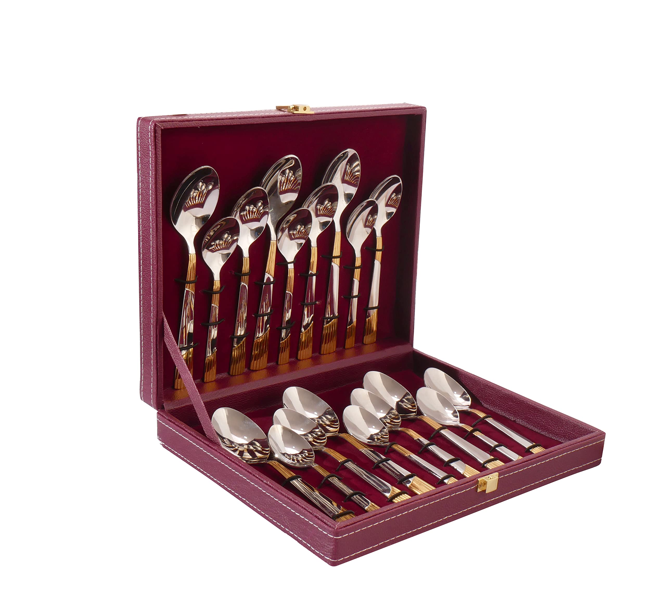 Luna 24 Karat Like Gold Plated Cutlery Set18Pcs With Leatherite Box (18) | Or | Ramya Masala Box/Spice Box/Storage/Organiser F