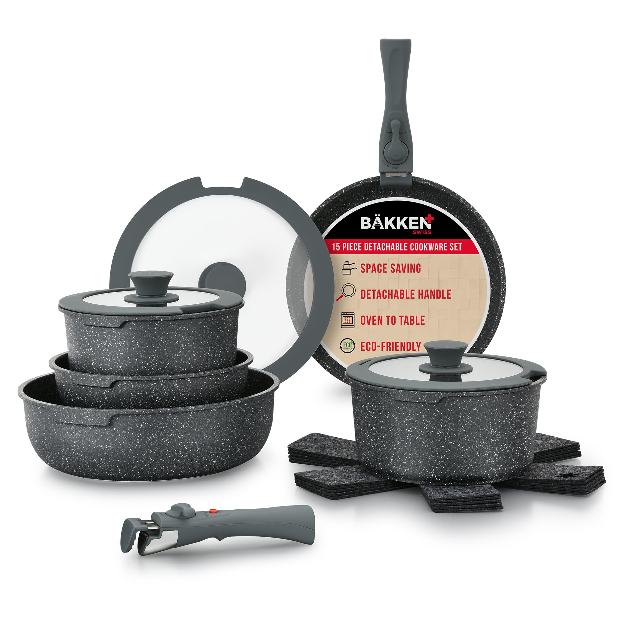 Bakken 15Piece NonStick Cookware Set with Detachable Handles  Granite Stackable Pots and Pans Set, Dishwasher Safe, OvenSafe