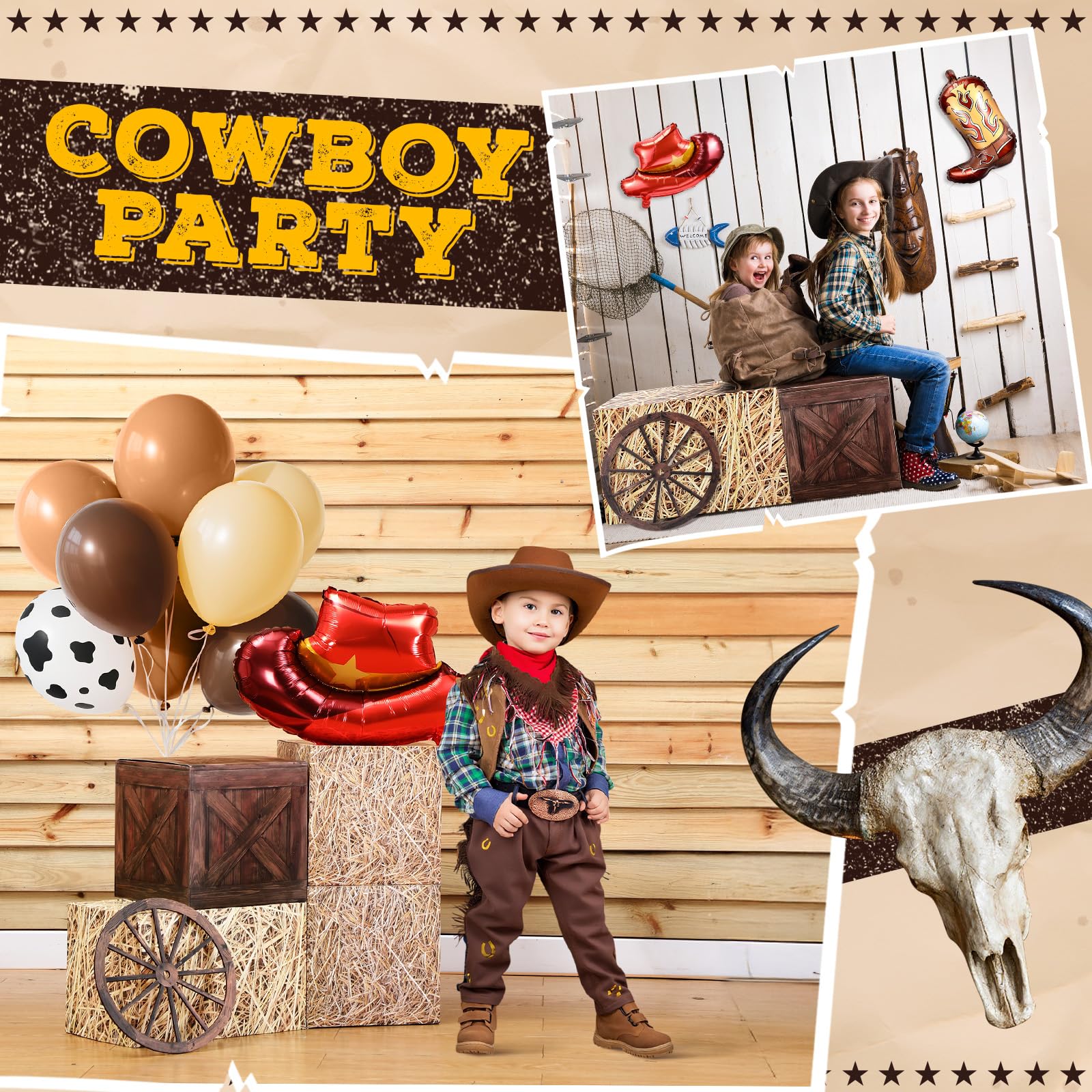 Hollowfly 27 Pcs Western Cowboy Party Decorations, Hay Bales Boxes Wood Grain Boxes Inflatable Cowboy Boot Hat Balloons Wheel Ce