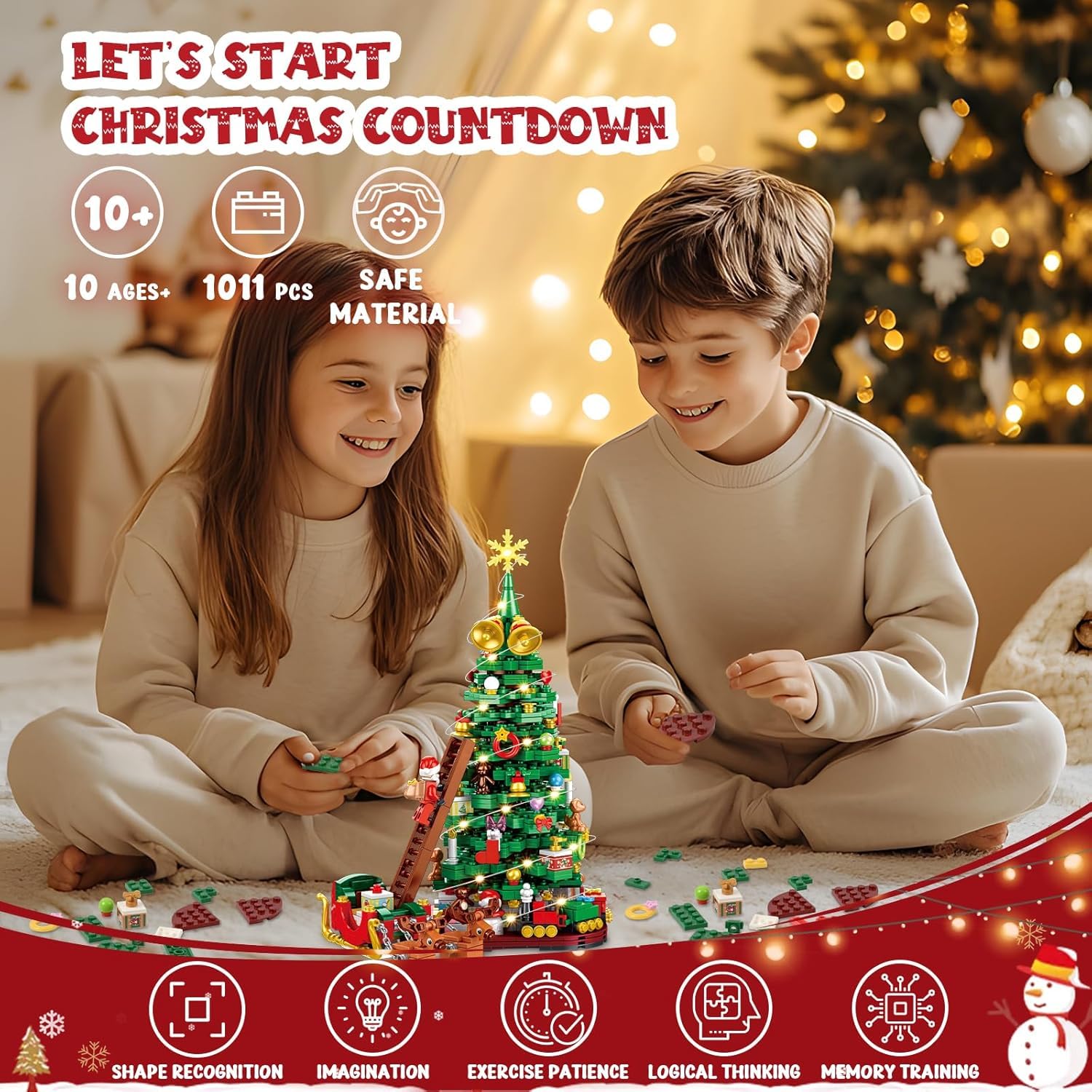 Siyaluens Advent Calendar 2025 - Christmas Tree Building Block Set, 1011 Pieces Christmas Santa Claus Moose Toy Decorations Buil