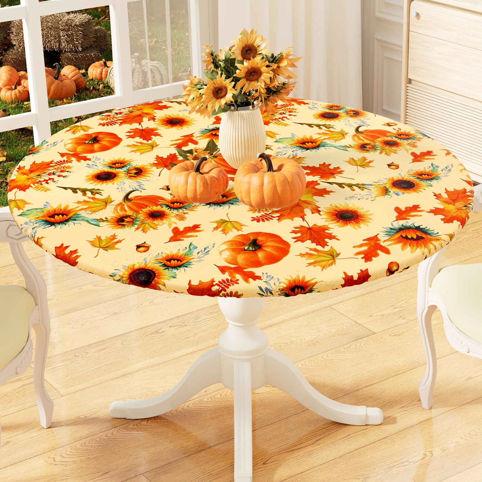 misaya Round Fitted Tablecloth with Elastic Edge, 100% Waterproof Oil Proof Plastic Table Cover, Vinyl Flannel Backed Tablecloth
