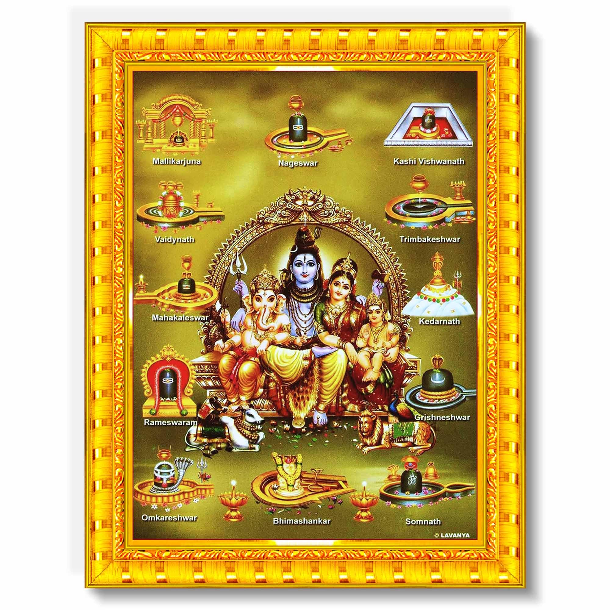 Pavan Photo Laminations Shiv Parivar Family Siva Parvati Jyotirling Wall Painting Framed Home Decor (Wood,Matte,Gold,Big Size,10