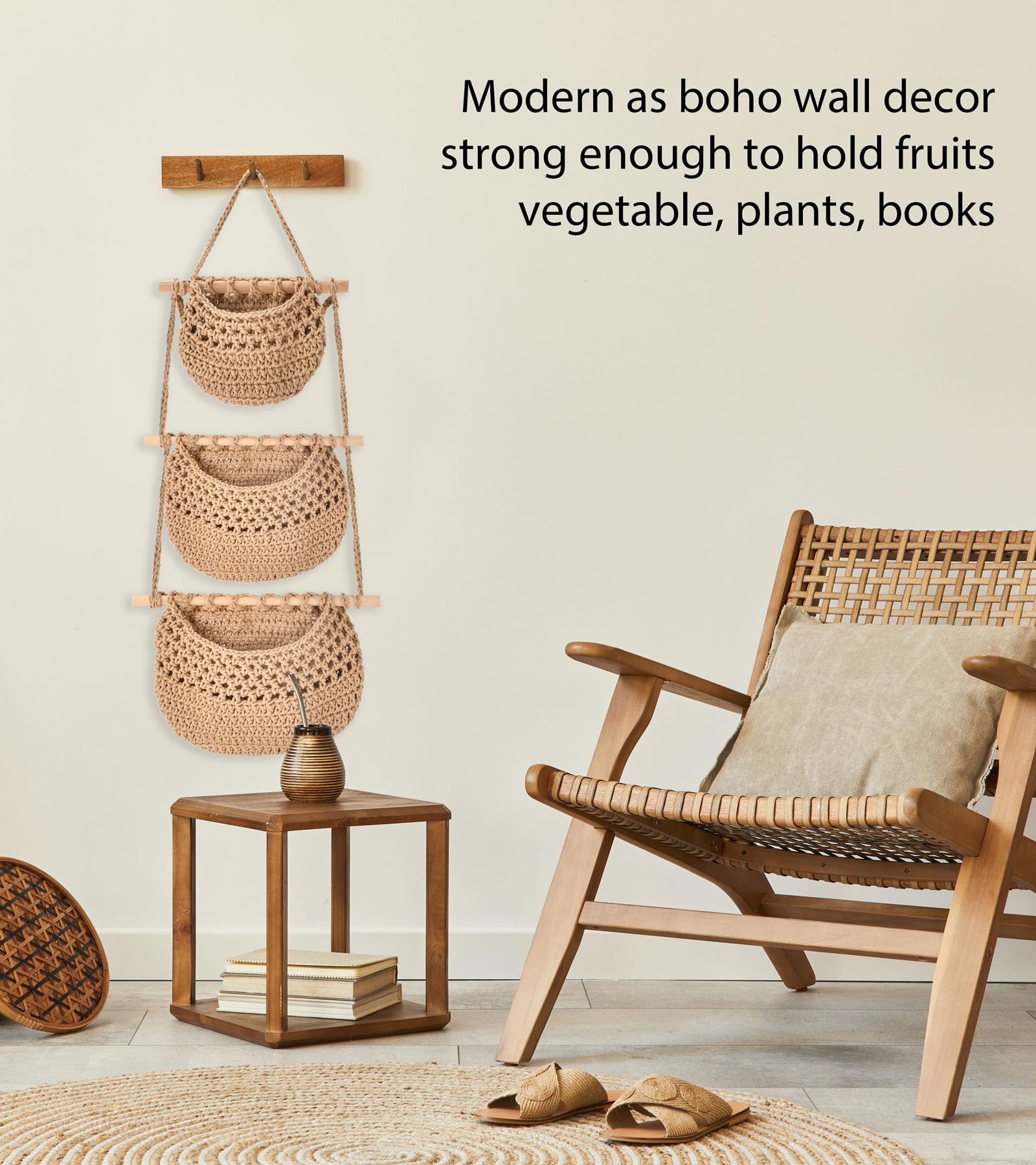 S Syxspecial 3 Tier Hanging Baskets For Organizing, Woven Jute Wall Fruit Basket, Hanging Storage Basket For Child Toys, Boho Wa