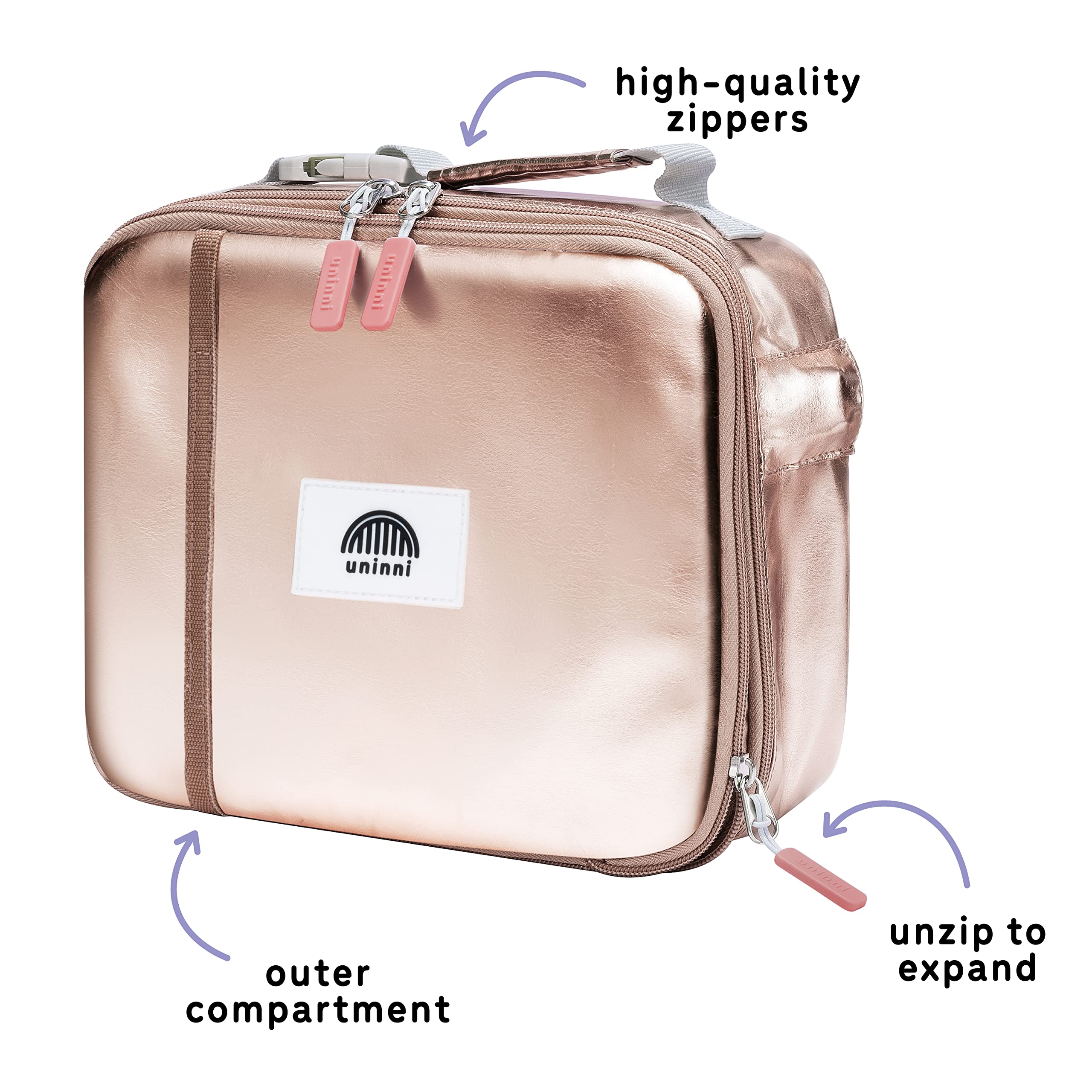 Uninni Rose Gold Insulated Lunch Box For Kids - Age 3+ With Leak-Resistant Storage, Mesh Pocket, Removable Divider For Snacks, S