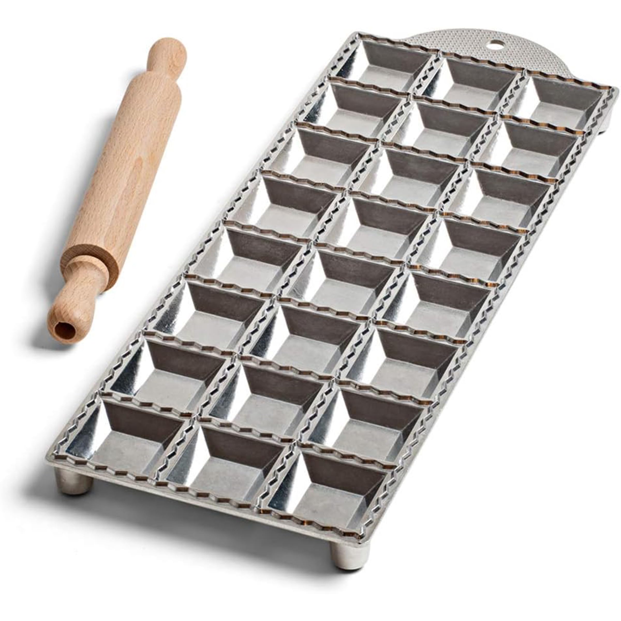 Kings County Tools Ravioli Mold Cutter - Makes 24 Square 2” Raviolis - Easy to Use with Wood Roller, Non-Slip Feet, Made in Italy