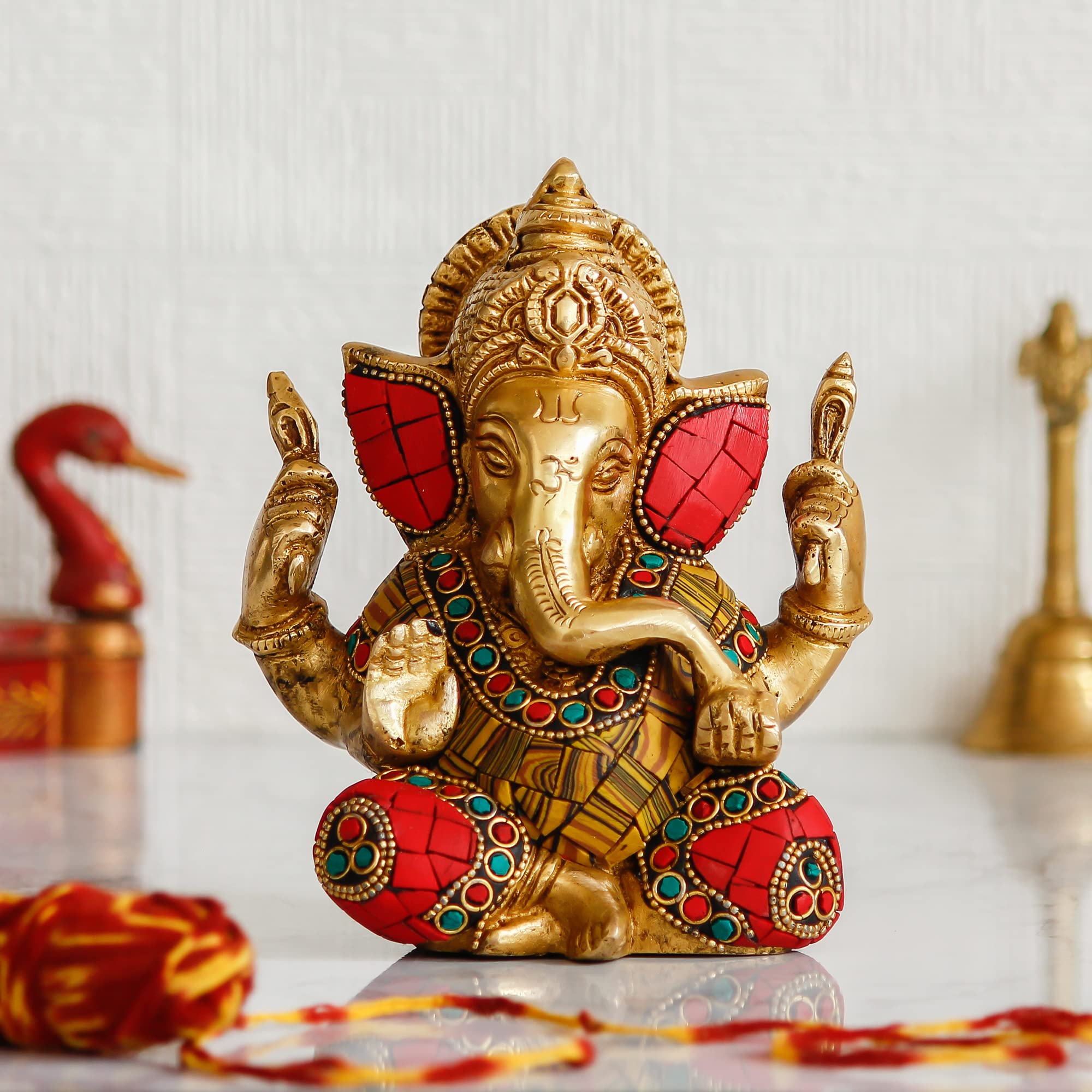 Ecraftindia Handcrafted Golden Brass Chaturbhuj Lord Ganesha Idol With Colorful Stone Work | Hindu God Idol For Home Decor And S