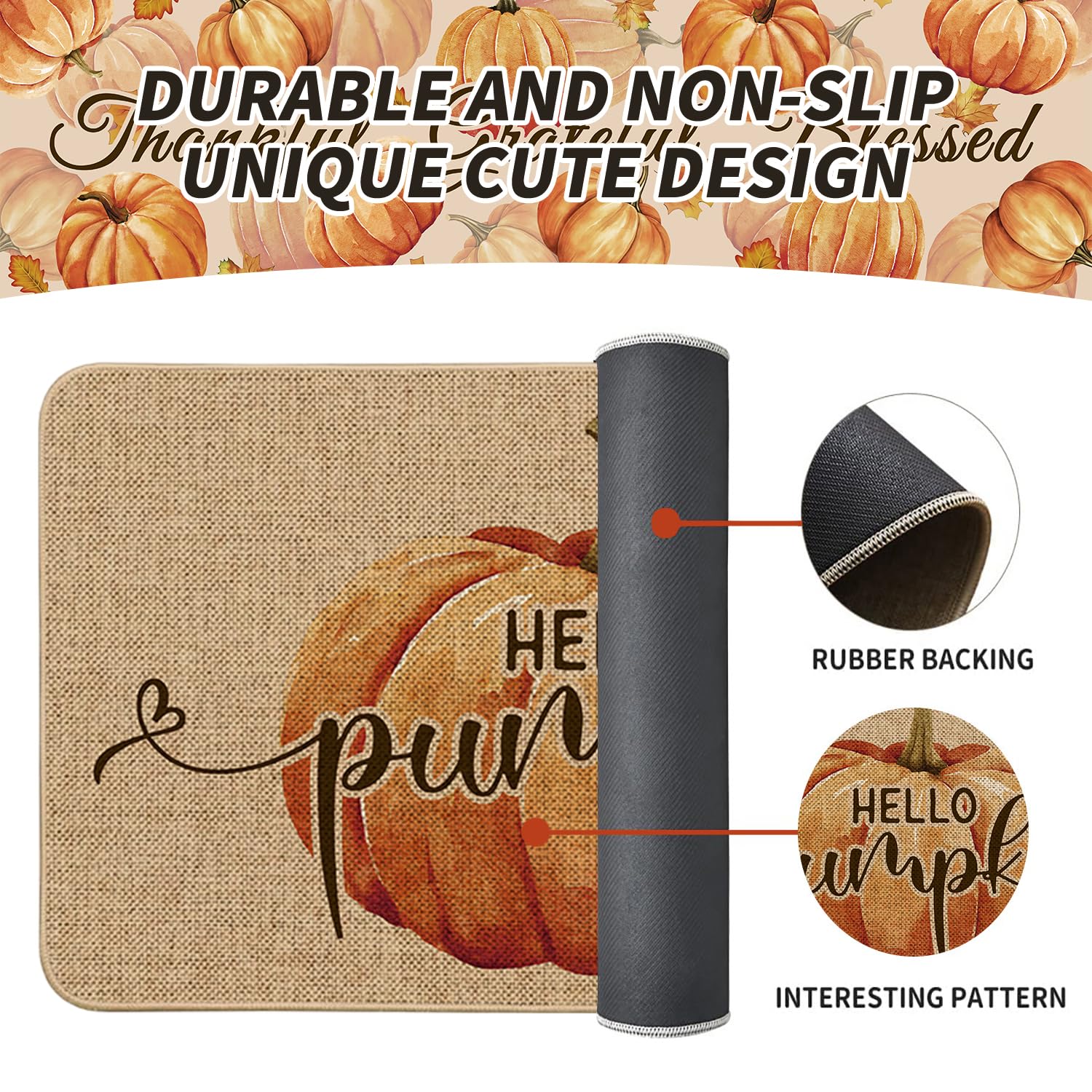 HSOWKDN Fall Kitchen Rugs Set of 2 Indoor Home Decor, Fall Kitchen Mats for Floor 2 Piece Non Slip Washable Hello Pumpkin Thanks