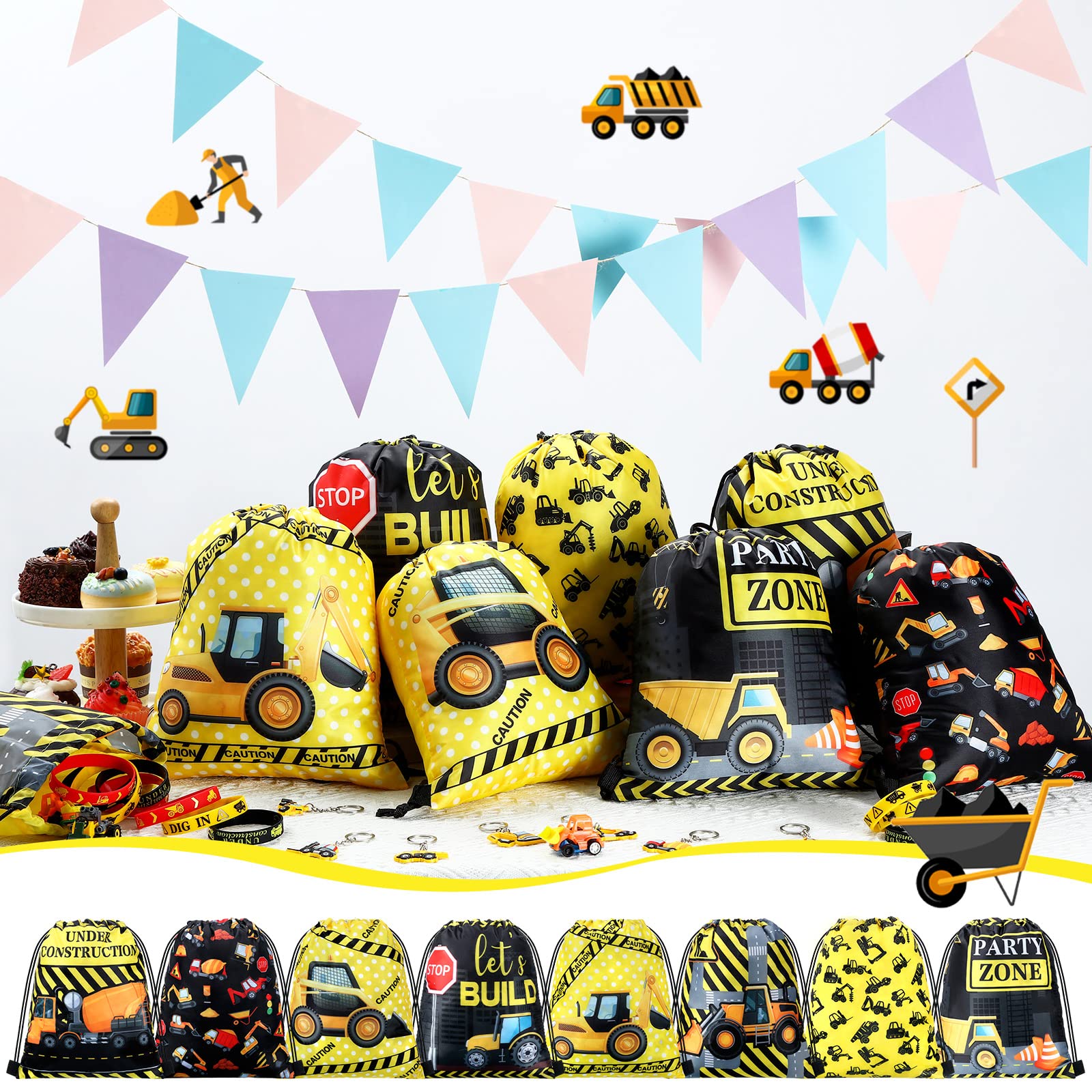 Hungdao 48 Pcs Construction Party Favors 16 Construction Party Drawstring Bags Construction Goodie Bag 16 Construction Wristband