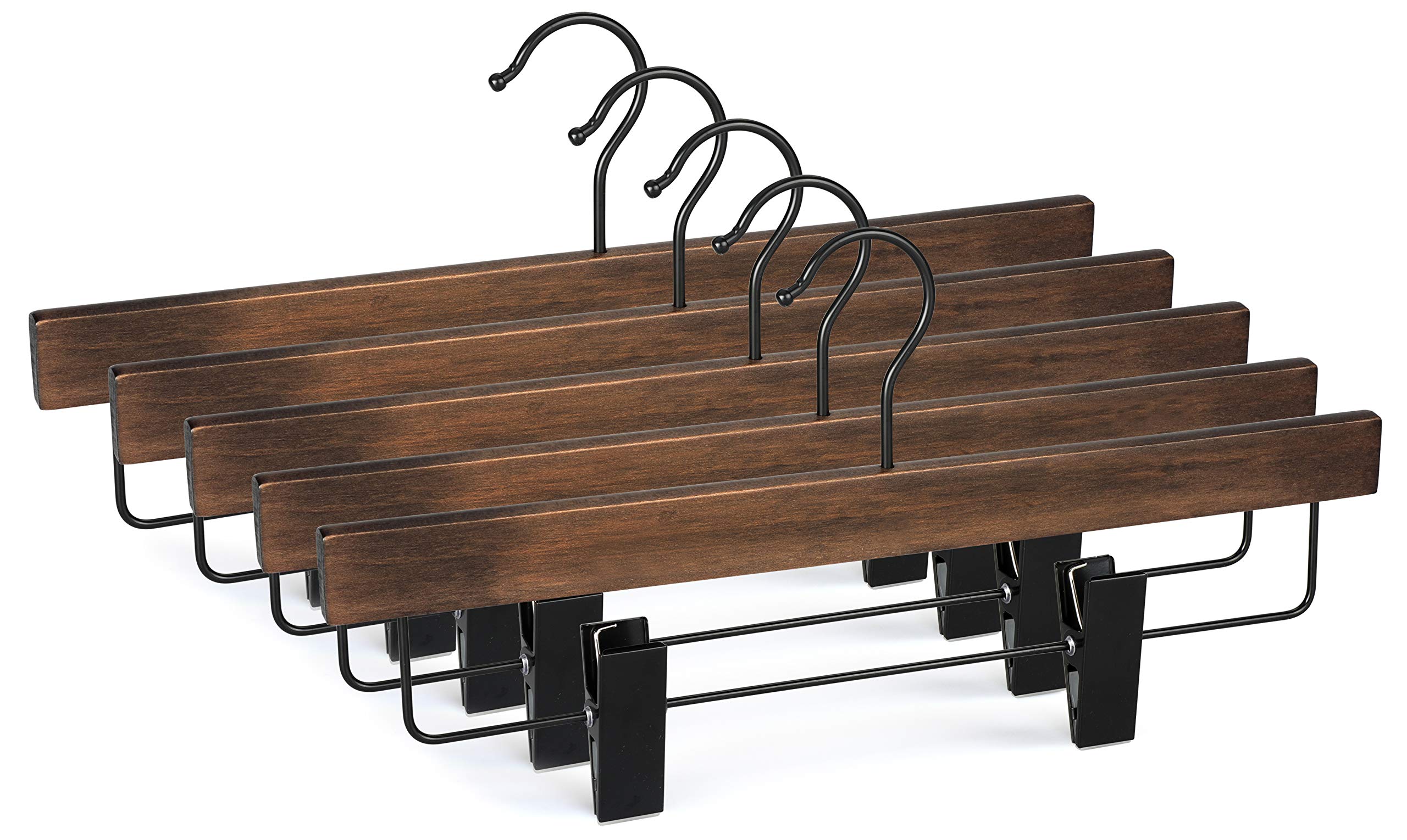 Topia Hanger Pants Hangers, Wooden Skirt Hangers With Adjustable Metal Clips, Premium Retro Finish And 360Swivel Black Hook, Jea