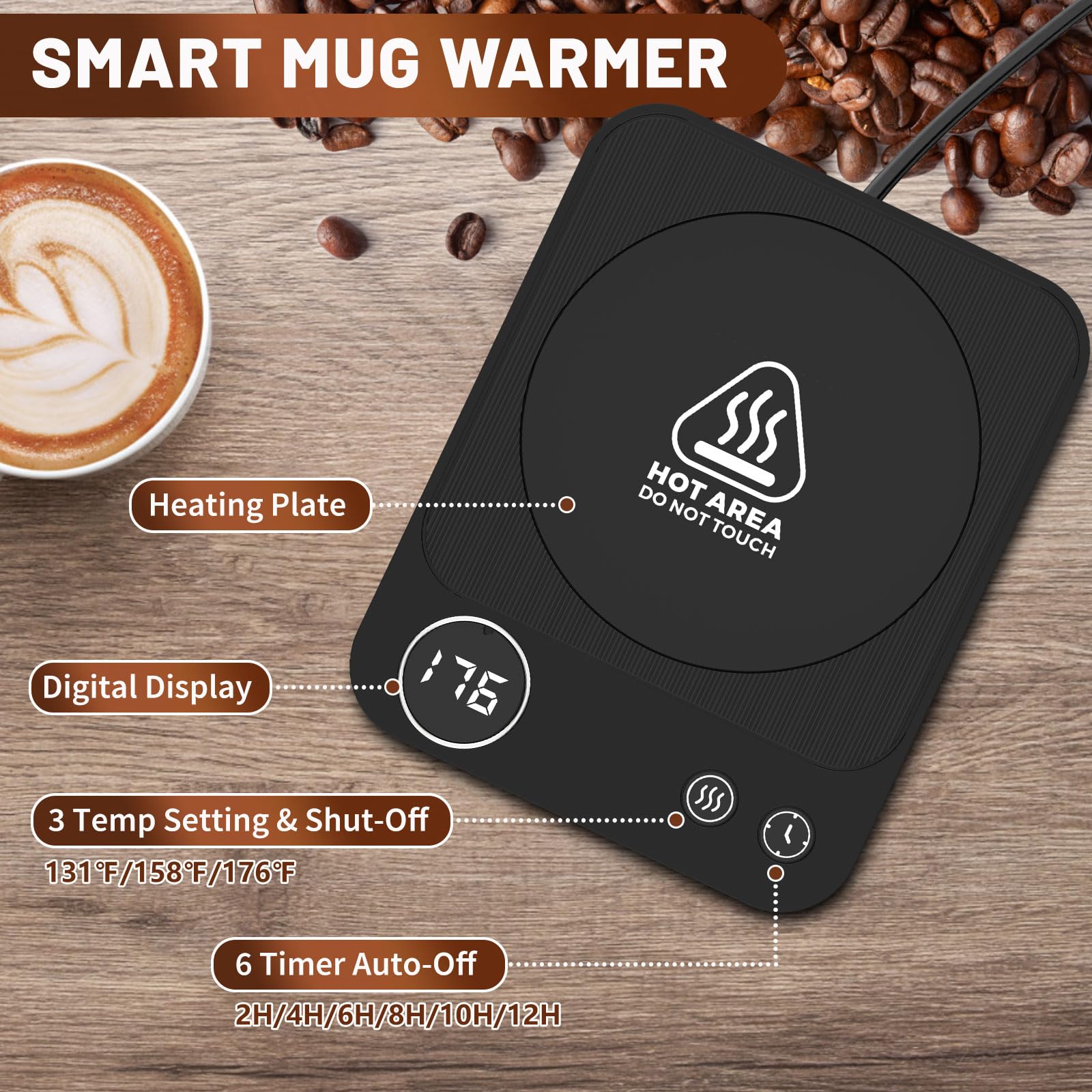 Wenvinda Mug Warmer - 3-Temperature Electric Coffee Warmer with Auto Shut Off, Digital Display, Black, Model K