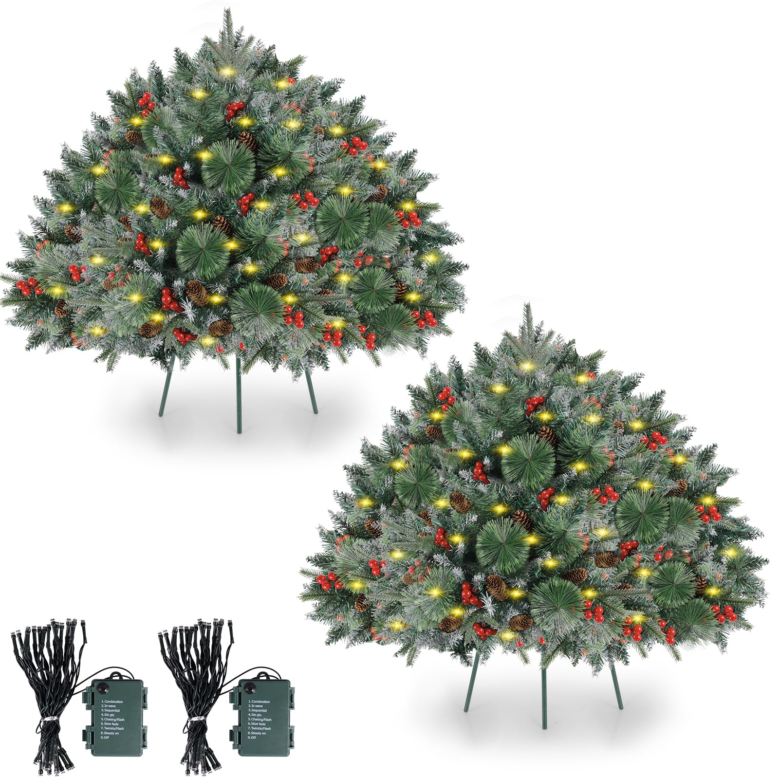 2 Pack 24Inch Prelit Christmas Trees,Outdoor Frosted Urn Fillers 150 Branches Battery Operated 50 LEDs Dual Color Change with Ti