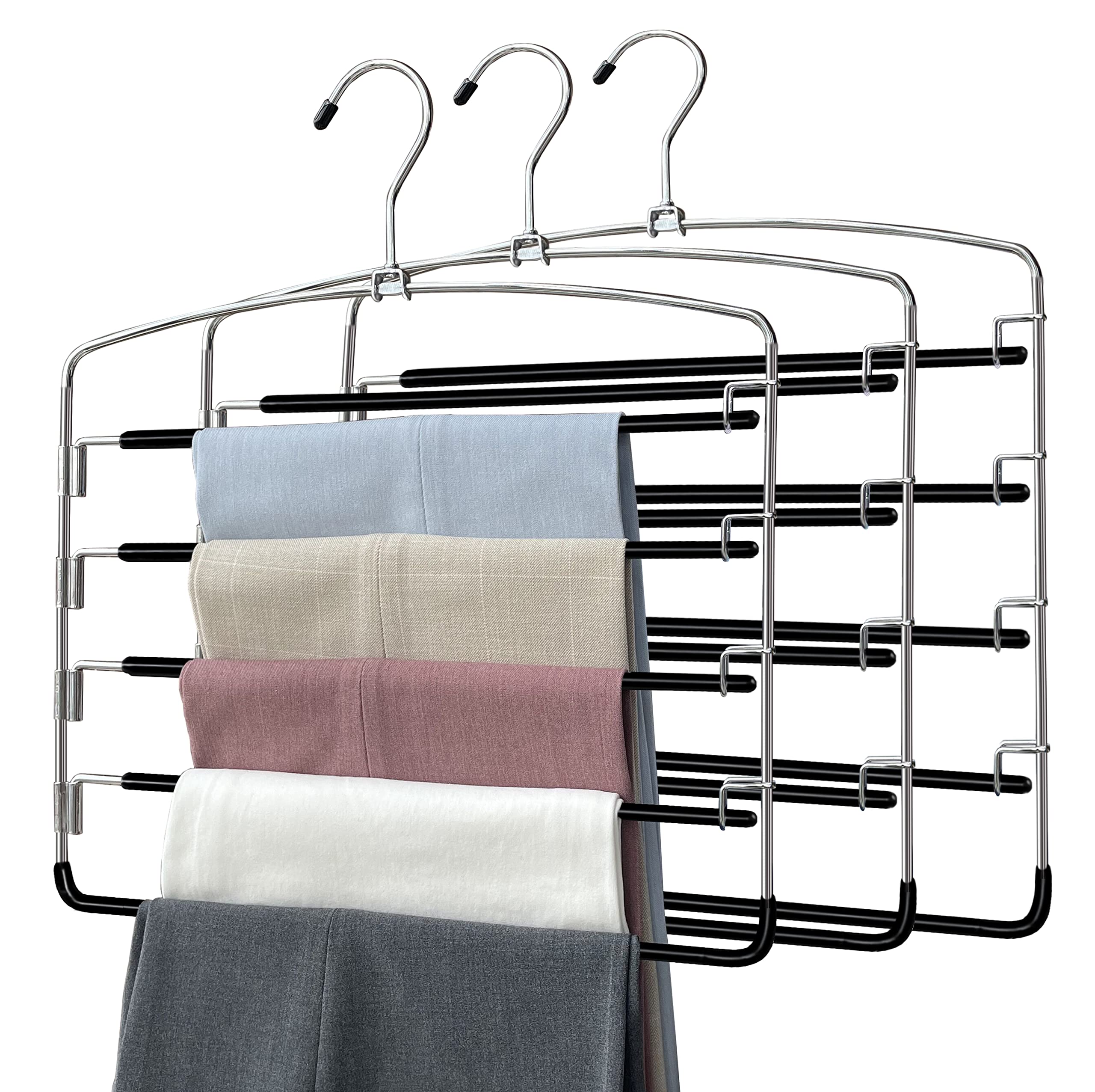 Pants Hangers 3 Pieces,5 Tier Closet Organizers And Storage Clothes Hangers,Hangers Space Saving With Swing Arm,Multiple Metal H