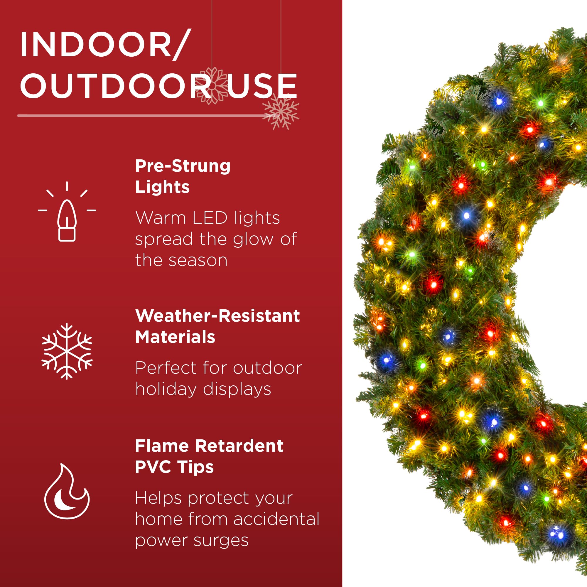Best Choice Products 36in Pre-Lit Fir Christmas Wreath with 150 Multicolor Lights, 300 PVC Tips - Holiday Decoration