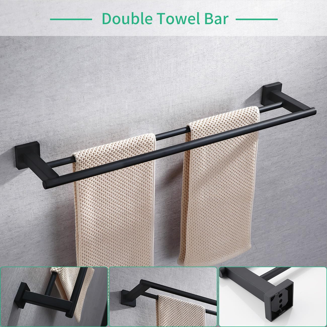 Miyili Matte Black 4-Piece Bathroom Hardware Kit Set Stainless Steel Wall Mount - Includes Double Towel Bar, Hand Towel Rack, To