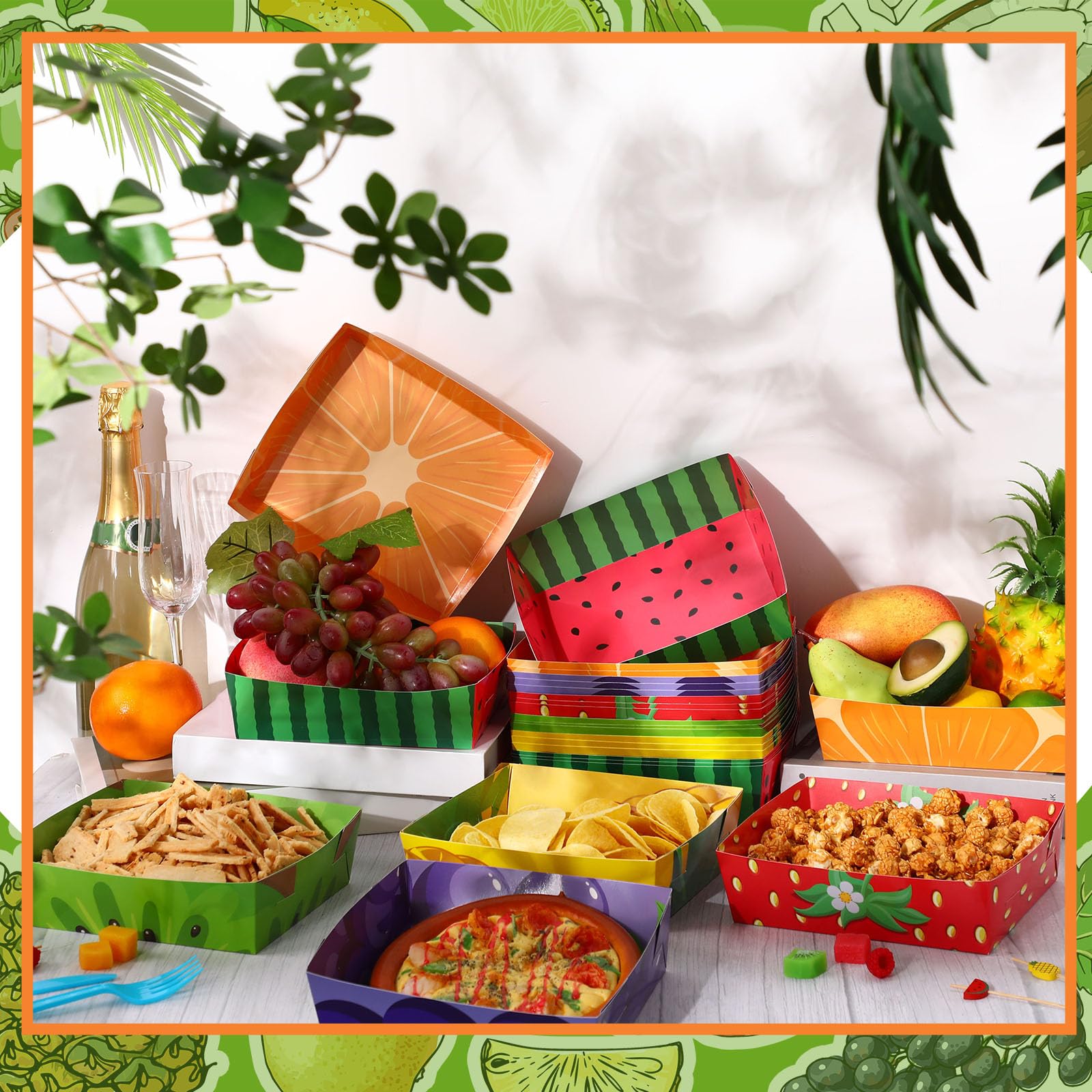 48 Pack Fruit Paper Trays Summer Fruit Print 5 Lb Disposable Serving Trays For Burger Fries, Hot Dog Taco Bbq Popcorn For Themed