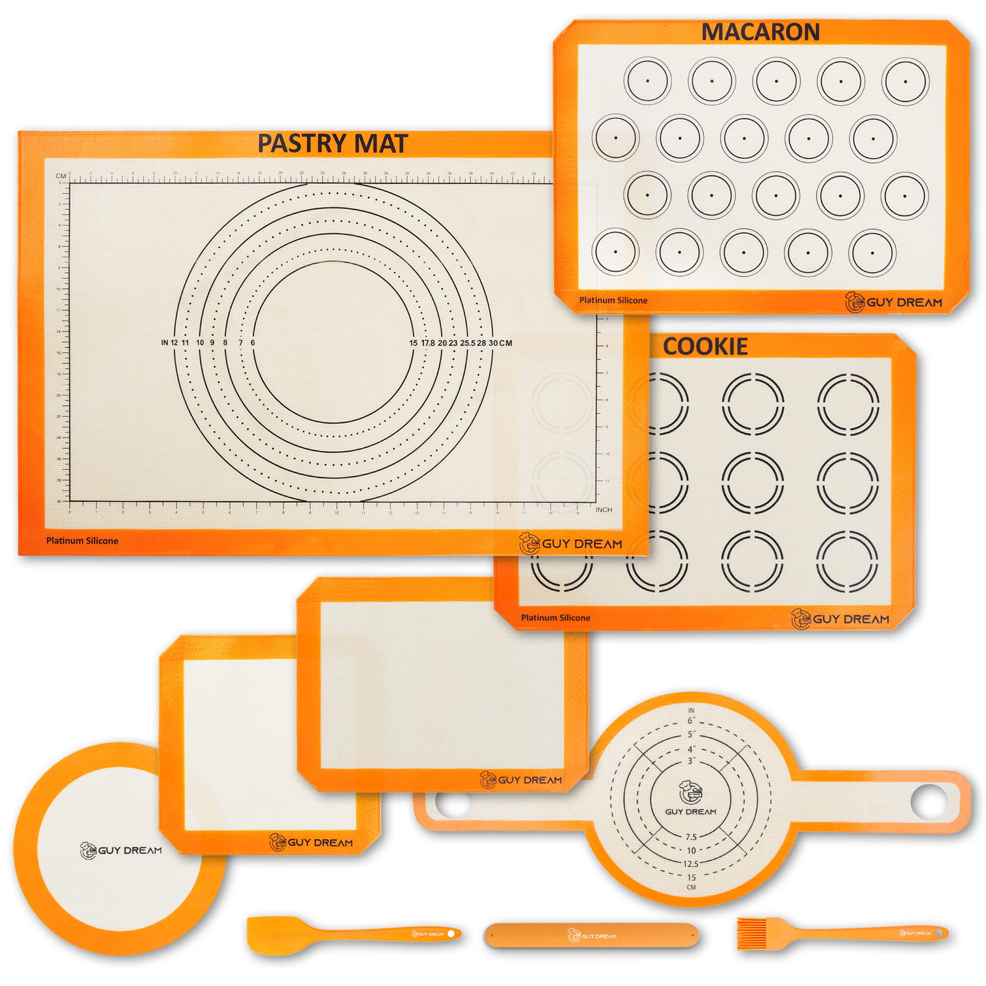 GUY DREAM All-in-One Silicone Baking Mat Set - Kneading Mat, Cookie & Macaron Half Sheet Mat, 1/4 Sheet Mat, Square & Round Cake