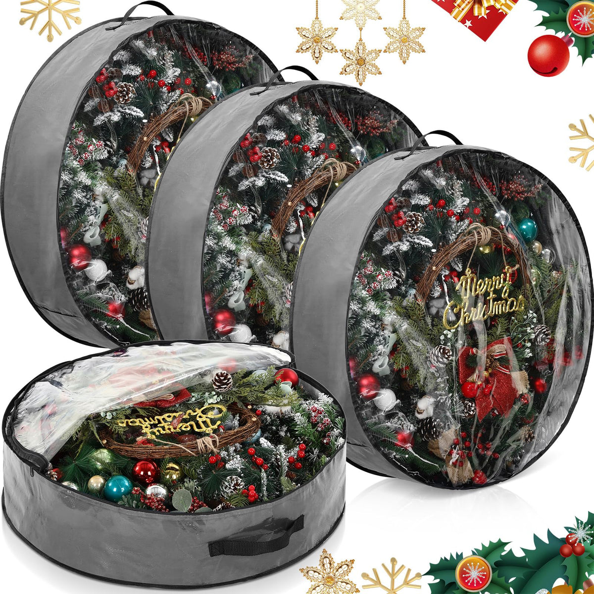 Aliceset 4 Pack Wreath Storage Containers, Christmas Garland Storage Bags With Window And Handles, Durable Christmas Decoration
